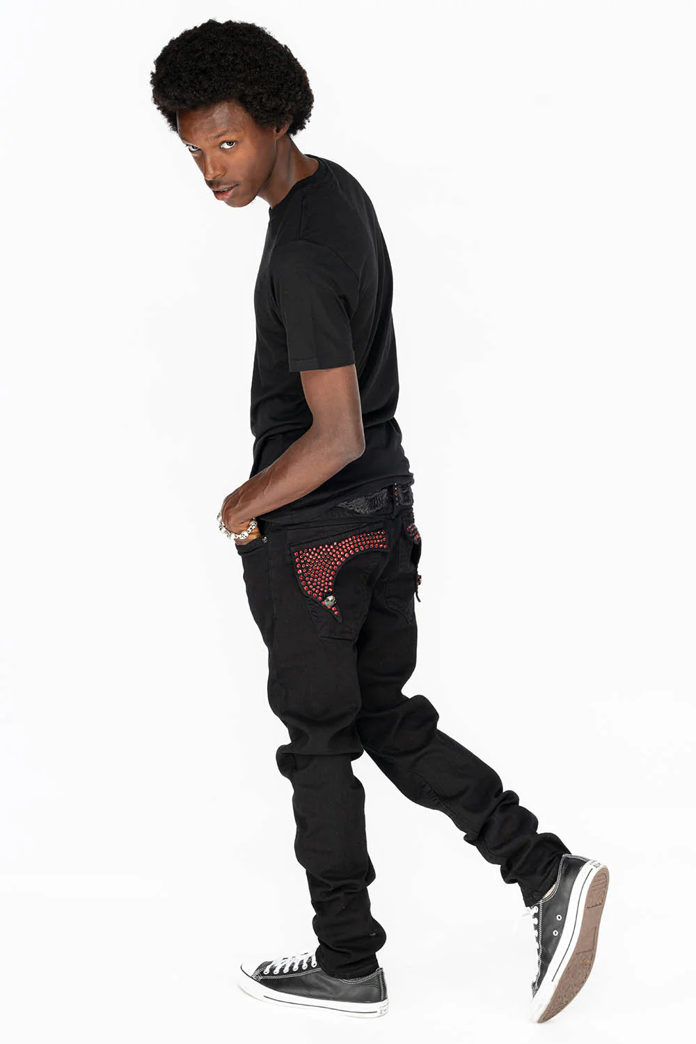 KILLER FLAP MENS SKINNY JEANS IN PURE BLACK WITH BLK TONAL WINGS AND FULL RED CRYSTALS - Image 8