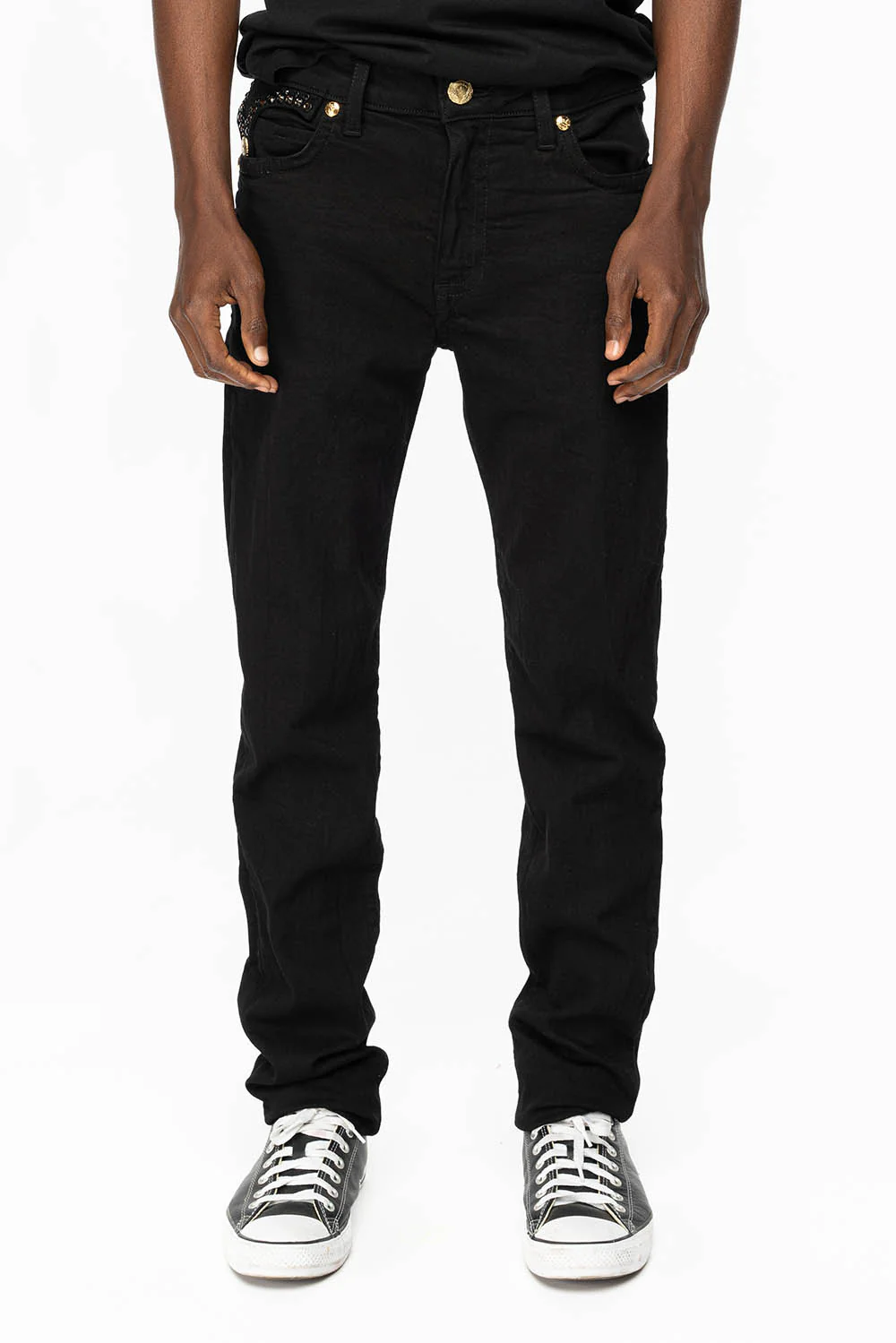KILLER FLAP MENS SKINNY JEANS IN PURE BLACK WITH GOLD ROBIN’S LOGO AND CRYSTALS - Image 3