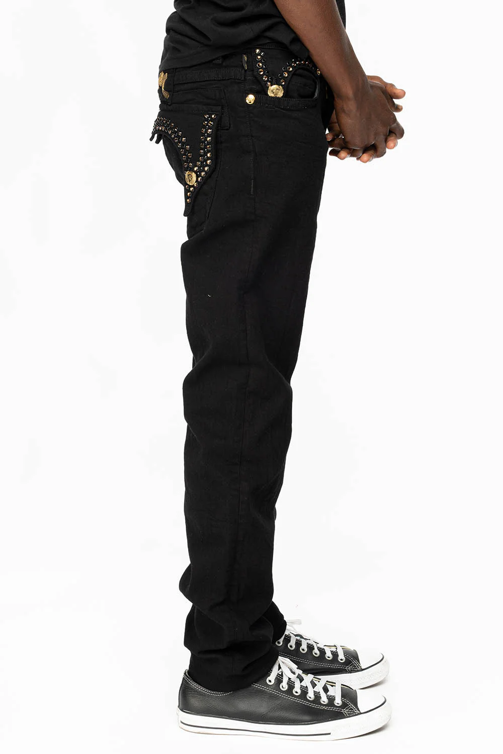 KILLER FLAP MENS SKINNY JEANS IN PURE BLACK WITH GOLD ROBIN’S LOGO AND CRYSTALS - Image 4