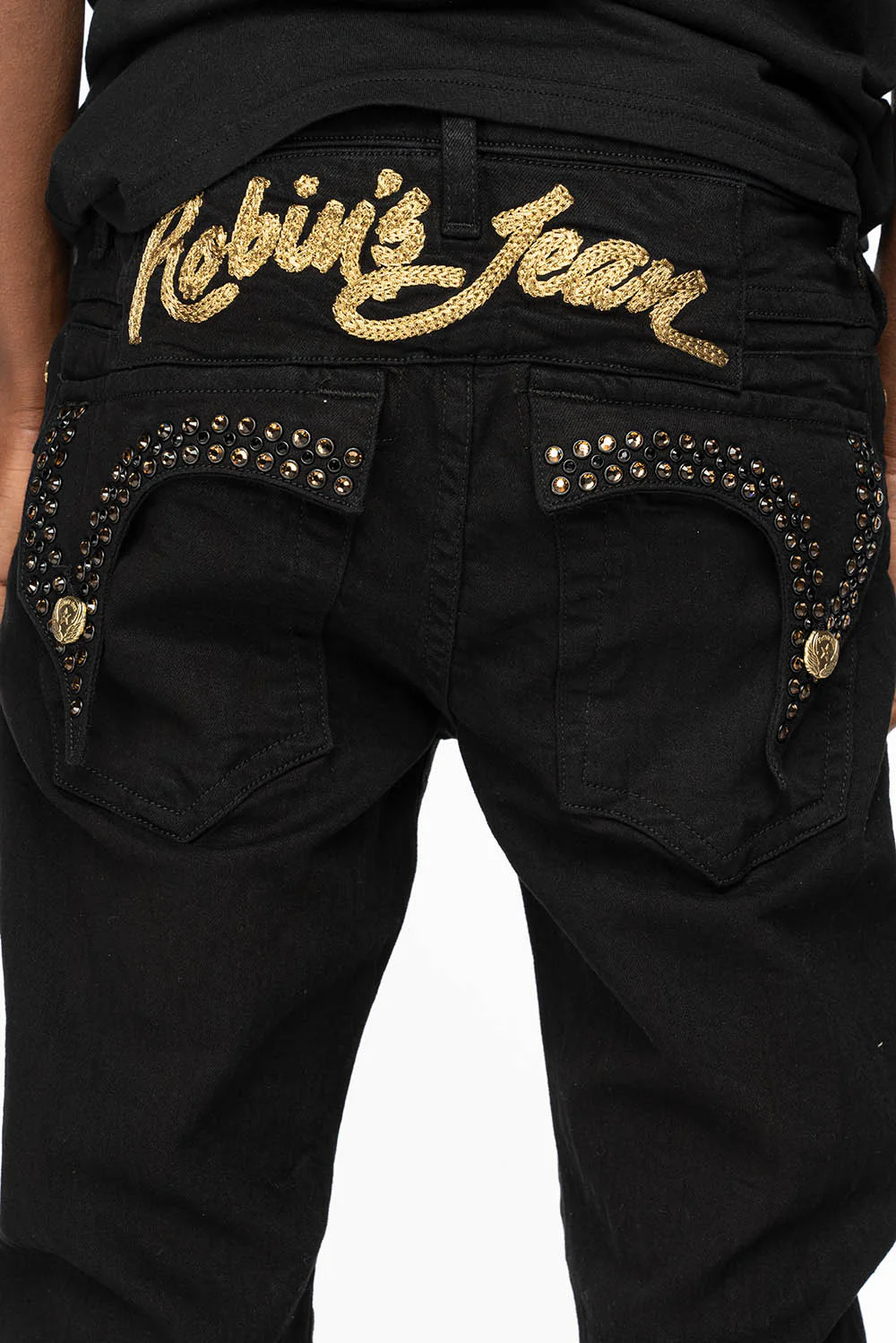 KILLER FLAP MENS SKINNY JEANS IN PURE BLACK WITH GOLD ROBIN’S LOGO AND CRYSTALS - Image 5