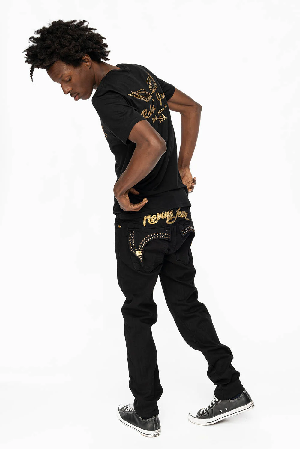 KILLER FLAP MENS SKINNY JEANS IN PURE BLACK WITH GOLD ROBIN’S LOGO AND CRYSTALS - Image 7