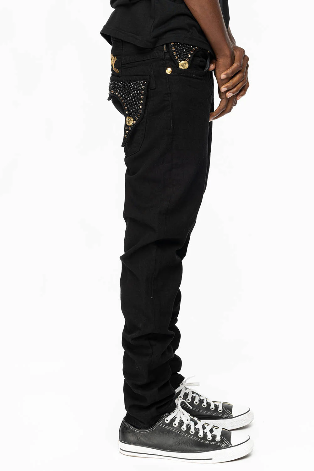 KILLER FLAP MENS SKINNY JEANS IN PURE BLACK WITH GOLD ROBIN’S LOGO AND FULL CRYSTALS - Image 3