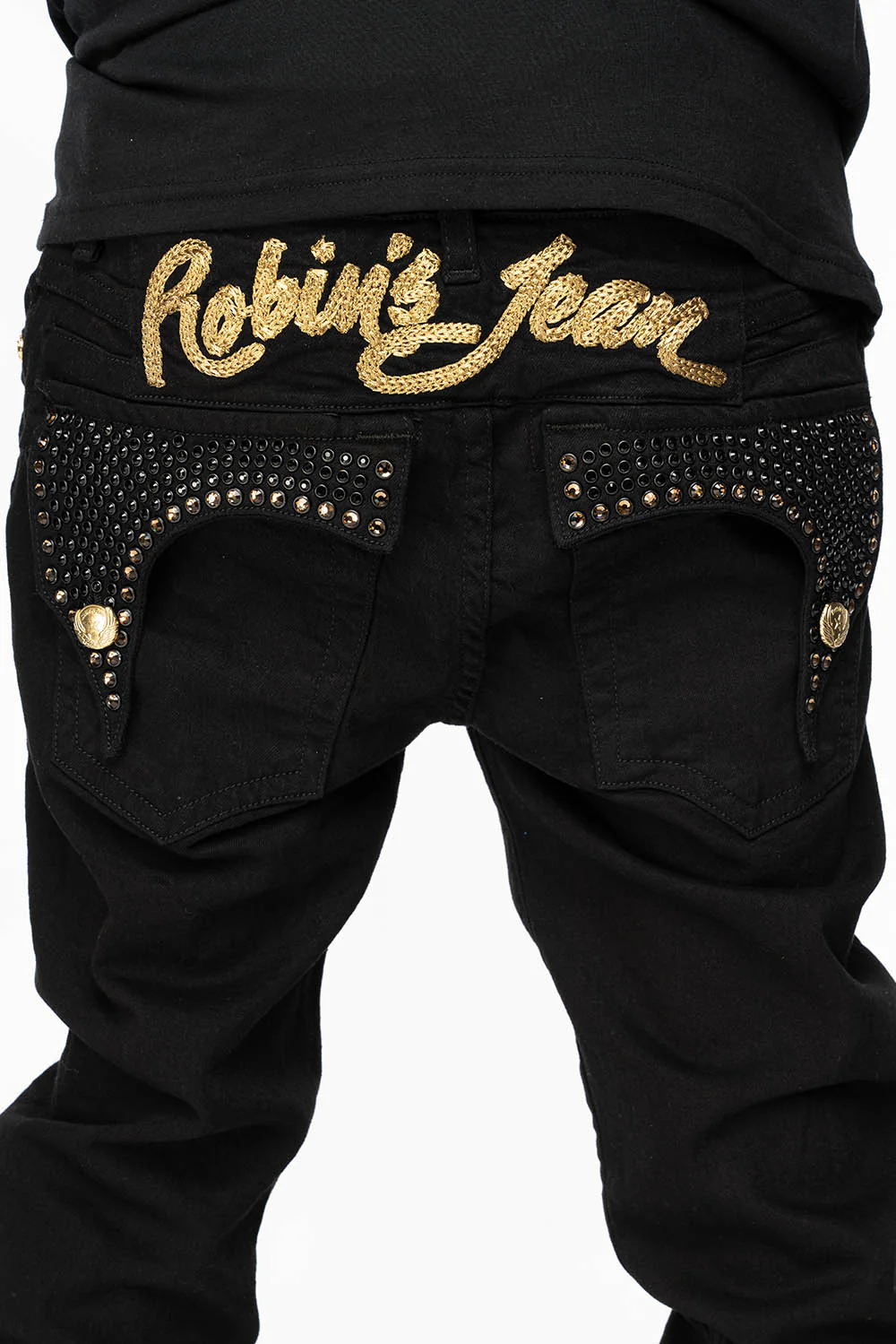 KILLER FLAP MENS SKINNY JEANS IN PURE BLACK WITH GOLD ROBIN’S LOGO AND FULL CRYSTALS - Image 4