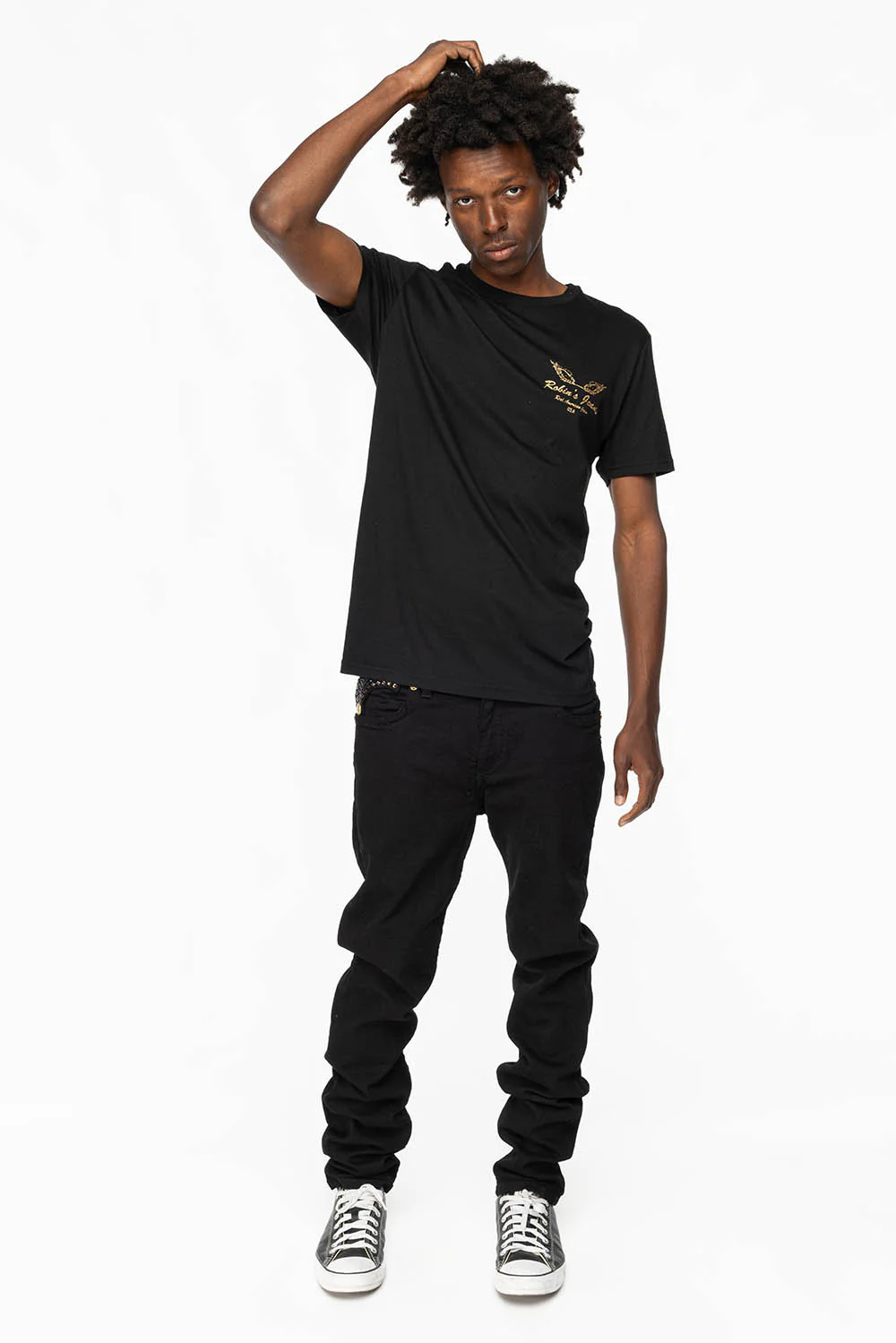 KILLER FLAP MENS SKINNY JEANS IN PURE BLACK WITH GOLD ROBIN’S LOGO AND FULL CRYSTALS - Image 5