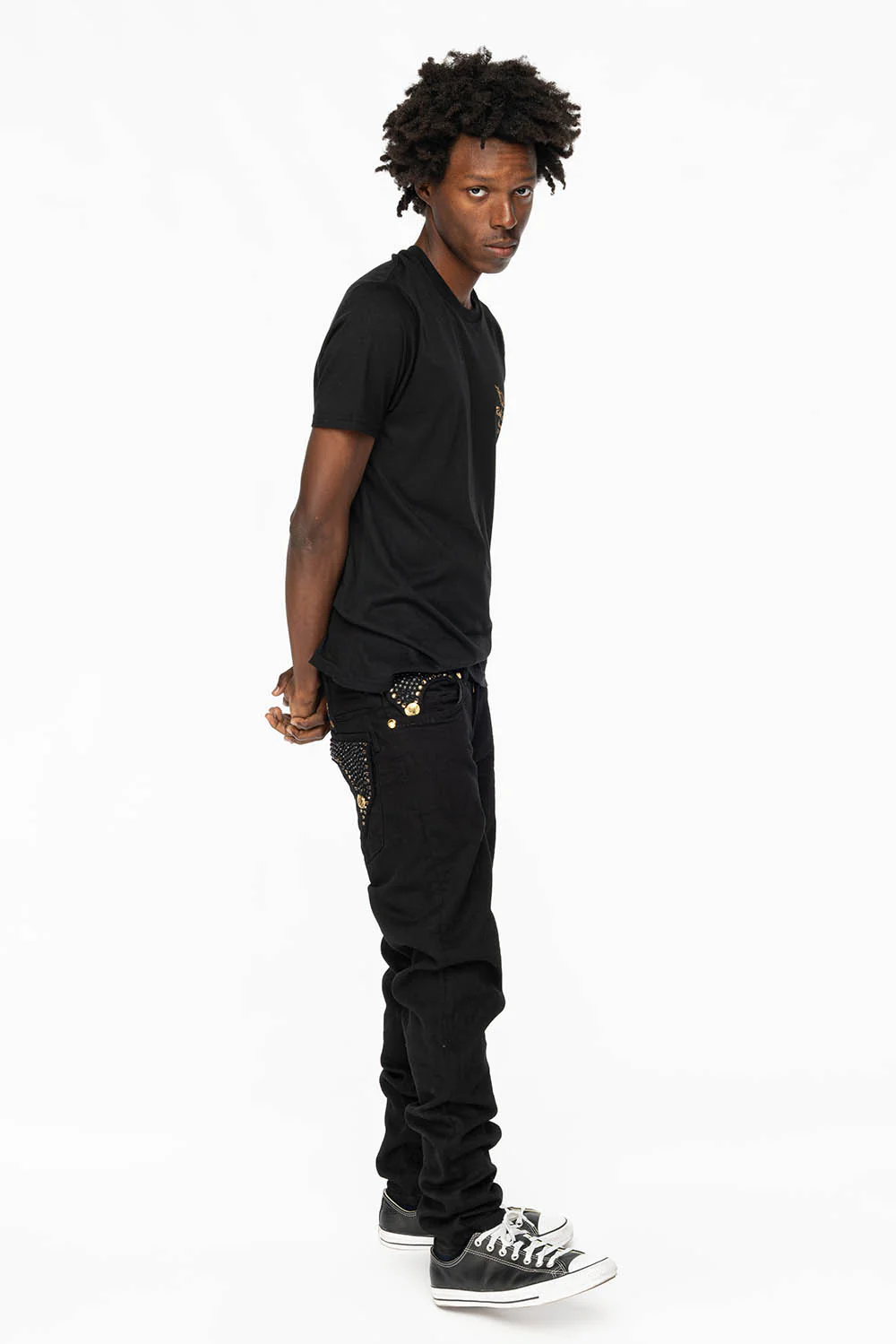 KILLER FLAP MENS SKINNY JEANS IN PURE BLACK WITH GOLD ROBIN’S LOGO AND FULL CRYSTALS - Image 6