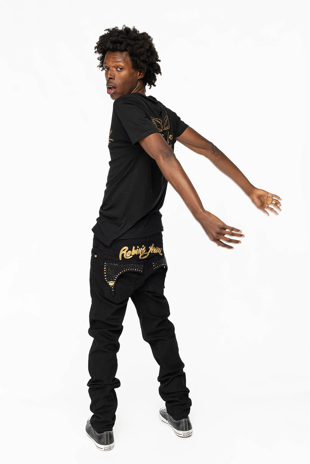 KILLER FLAP MENS SKINNY JEANS IN PURE BLACK WITH GOLD ROBIN’S LOGO AND FULL CRYSTALS - Image 7