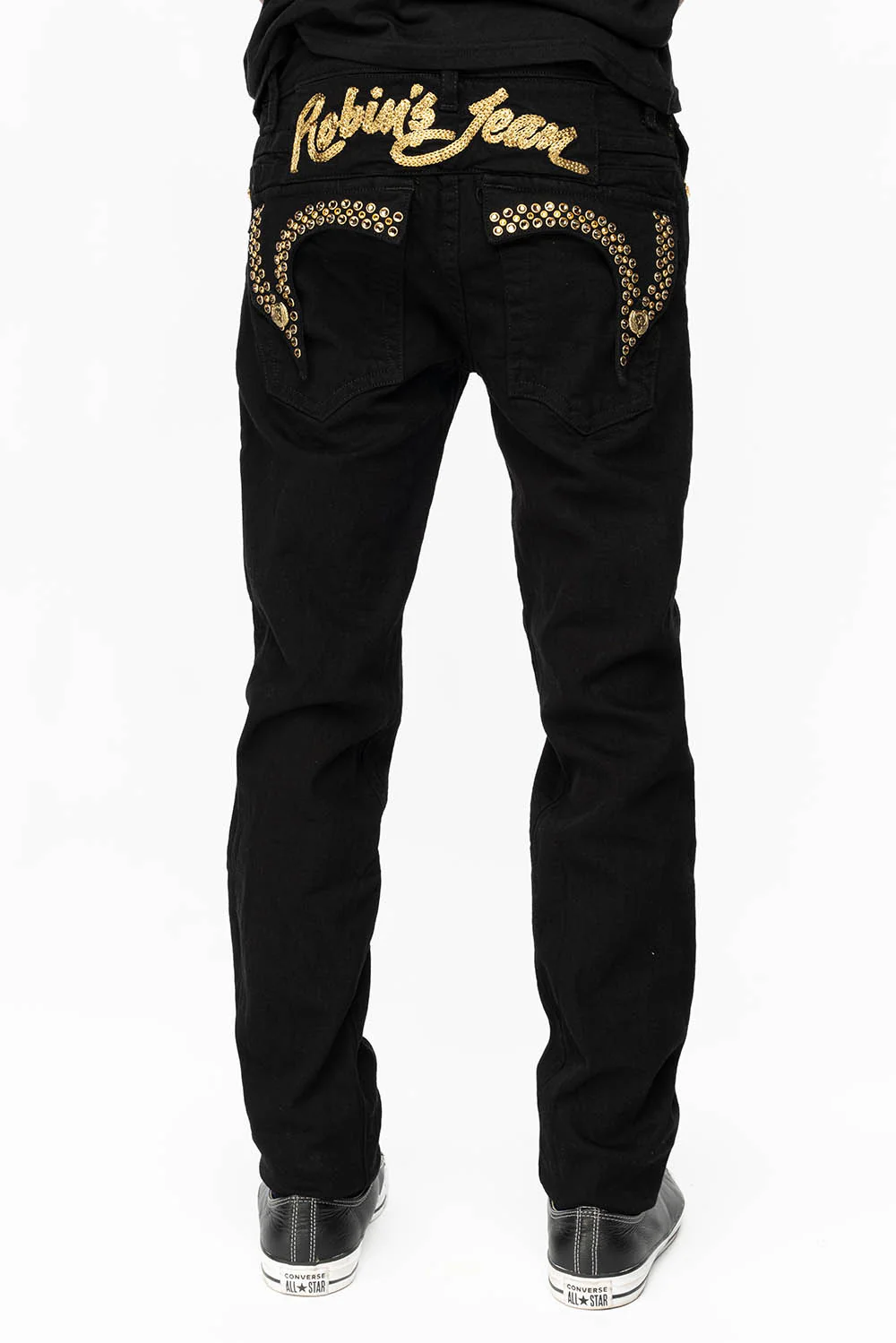 KILLER FLAP MENS SKINNY JEANS IN PURE BLACK WITH GOLD ROBIN’S LOGO AND GOLD AURUM CRYSTALS - Image 3