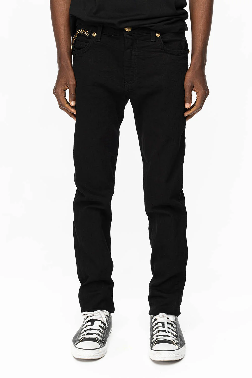 KILLER FLAP MENS SKINNY JEANS IN PURE BLACK WITH GOLD ROBIN’S LOGO AND GOLD AURUM CRYSTALS - Image 4