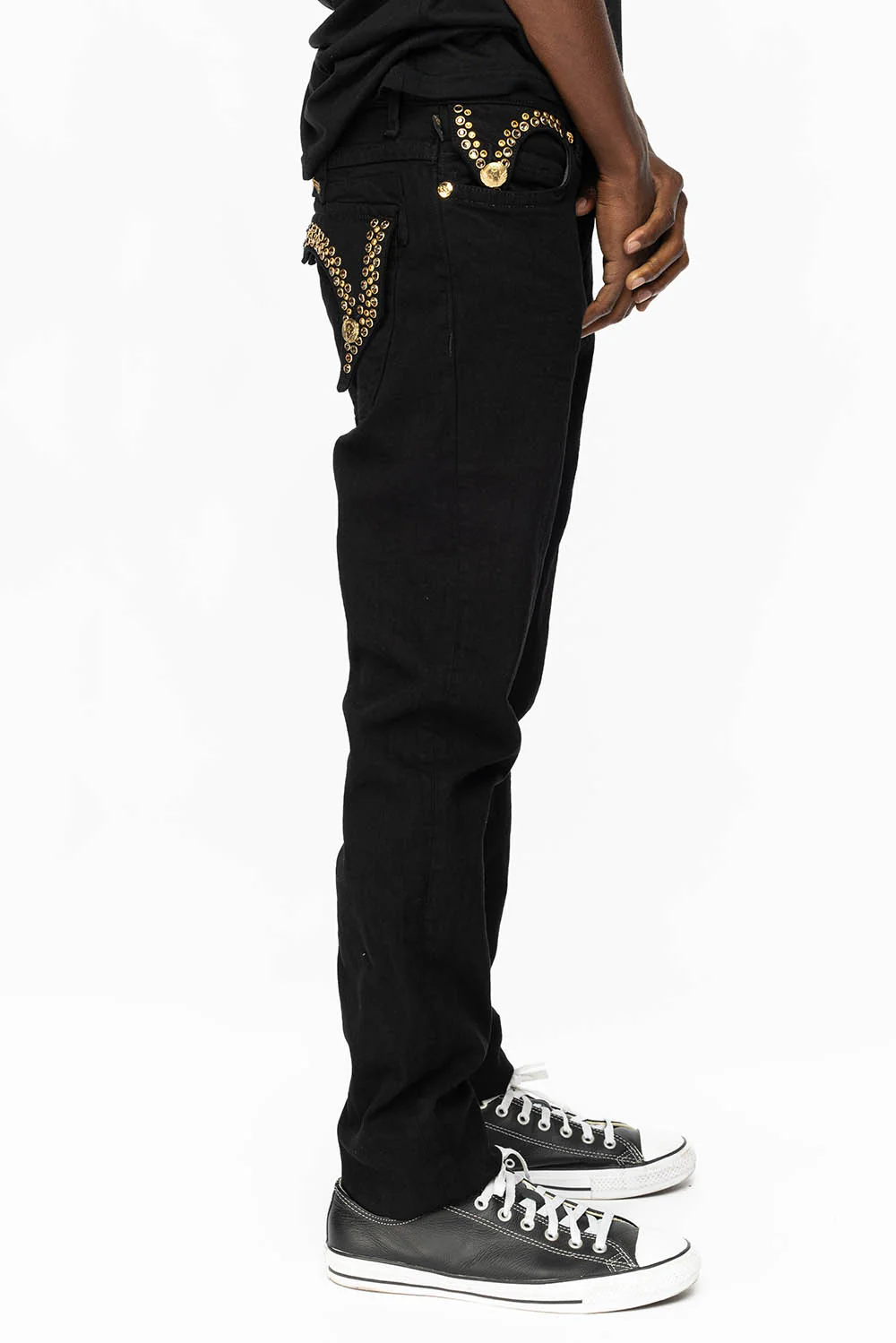 KILLER FLAP MENS SKINNY JEANS IN PURE BLACK WITH GOLD ROBIN’S LOGO AND GOLD AURUM CRYSTALS - Image 5