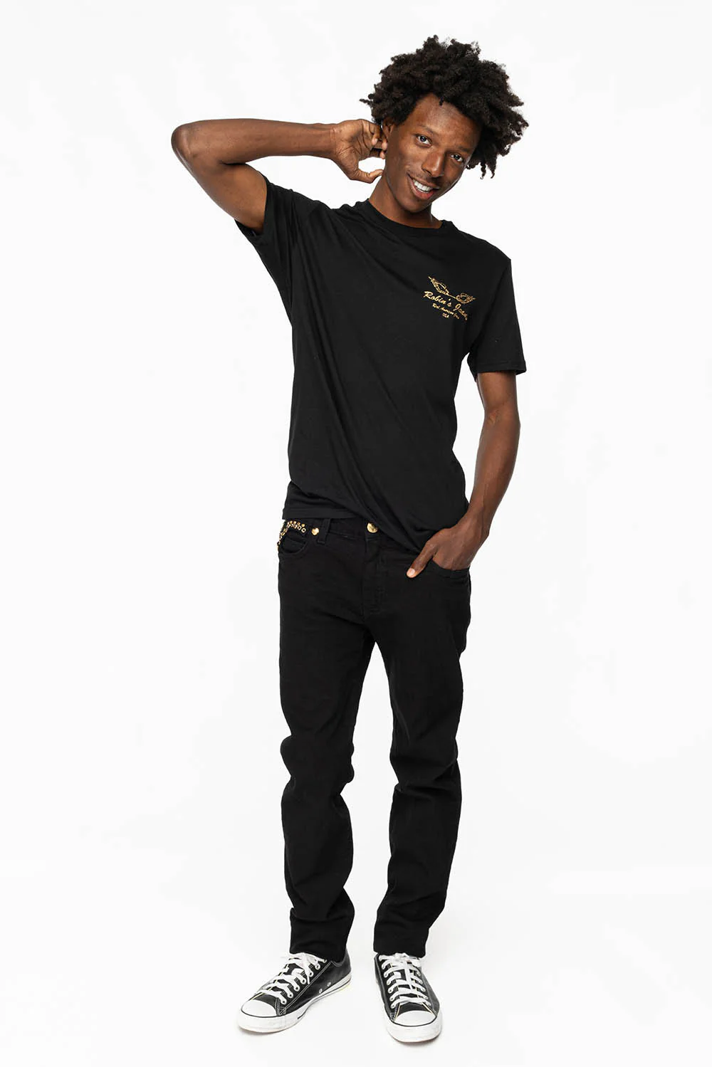 KILLER FLAP MENS SKINNY JEANS IN PURE BLACK WITH GOLD ROBIN’S LOGO AND GOLD AURUM CRYSTALS - Image 6
