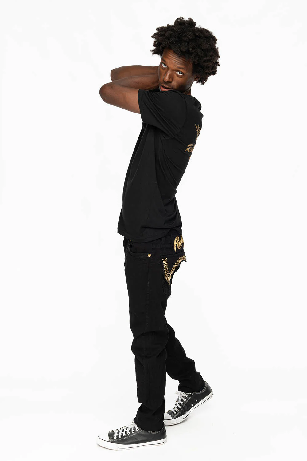 KILLER FLAP MENS SKINNY JEANS IN PURE BLACK WITH GOLD ROBIN’S LOGO AND GOLD AURUM CRYSTALS - Image 7