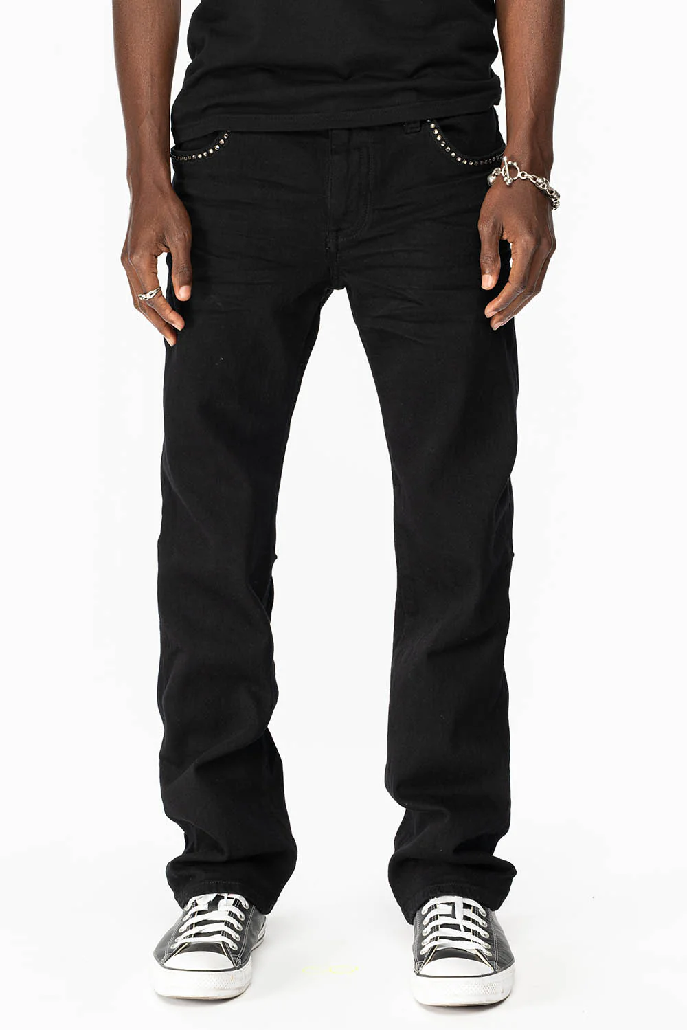 KILLER FLAP MENS STRAIGHT LEG JEAN IN BLACK FULLY EMBELLISHED WITH BLACK DIAMOND CRYSTALS - Image 3