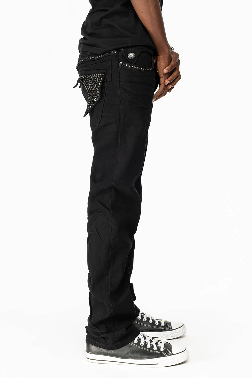 KILLER FLAP MENS STRAIGHT LEG JEAN IN BLACK FULLY EMBELLISHED WITH BLACK DIAMOND CRYSTALS - Image 4