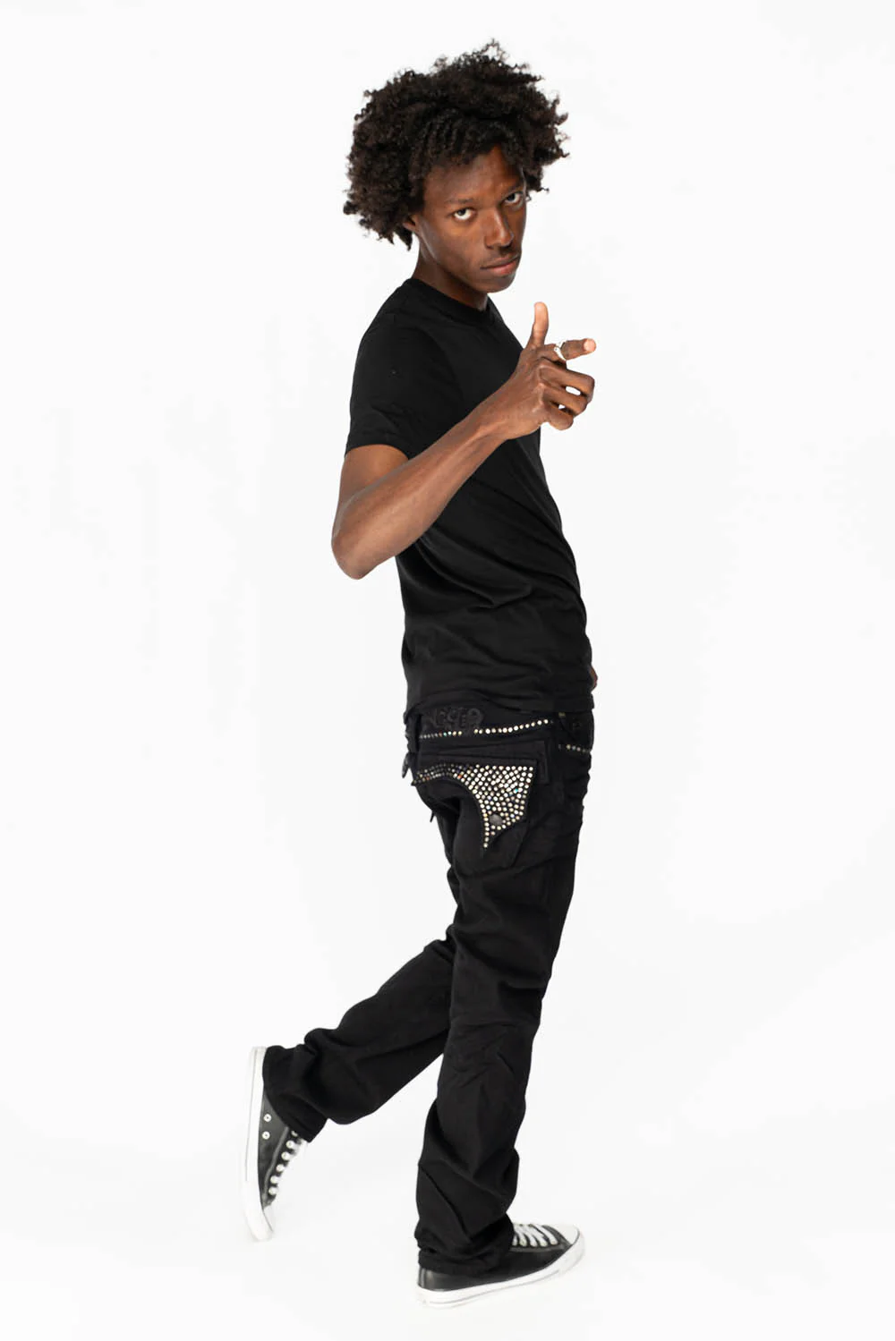 KILLER FLAP MENS STRAIGHT LEG JEAN IN BLACK FULLY EMBELLISHED WITH BLACK DIAMOND CRYSTALS - Image 7