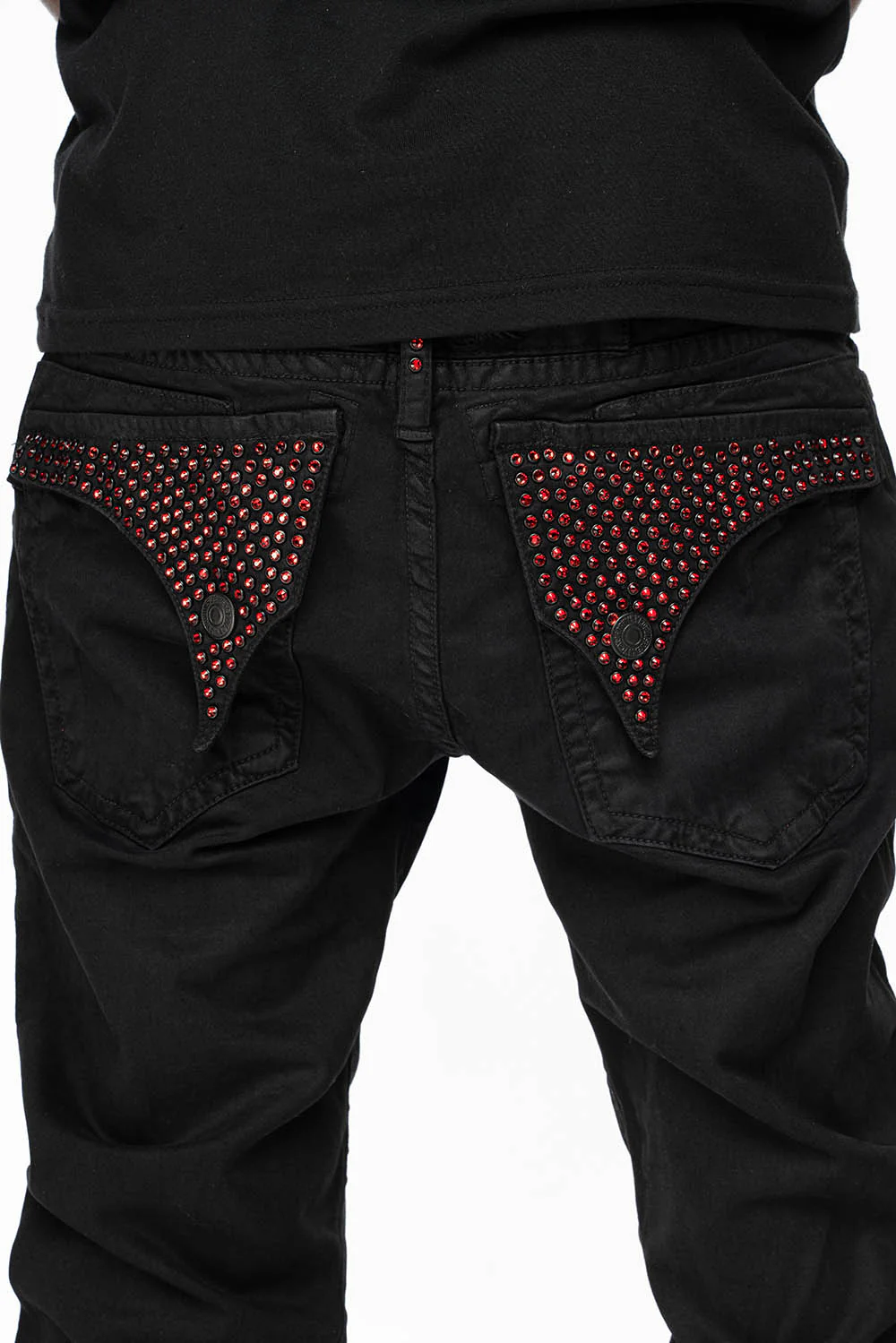 LONG FLAP SLIM FIT MENS JEANS WITH RED CRYSTALS  IN ANTIQUE BLACK - Image 4