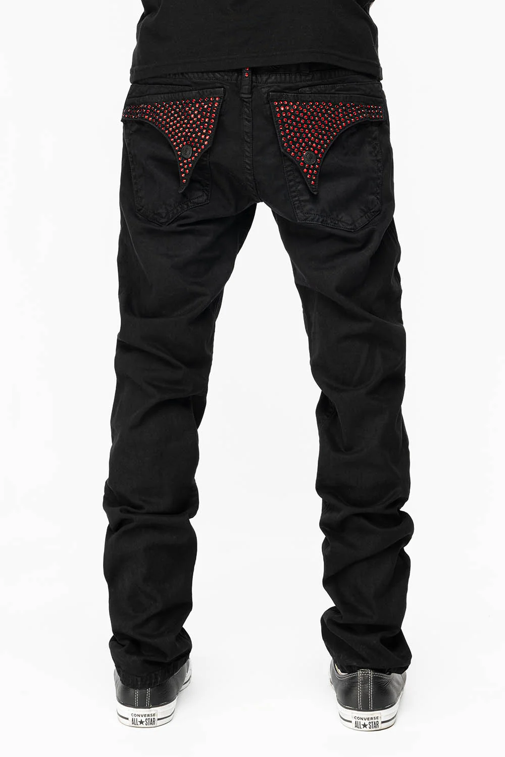 LONG FLAP SLIM FIT MENS JEANS WITH RED CRYSTALS  IN ANTIQUE BLACK - Image 5