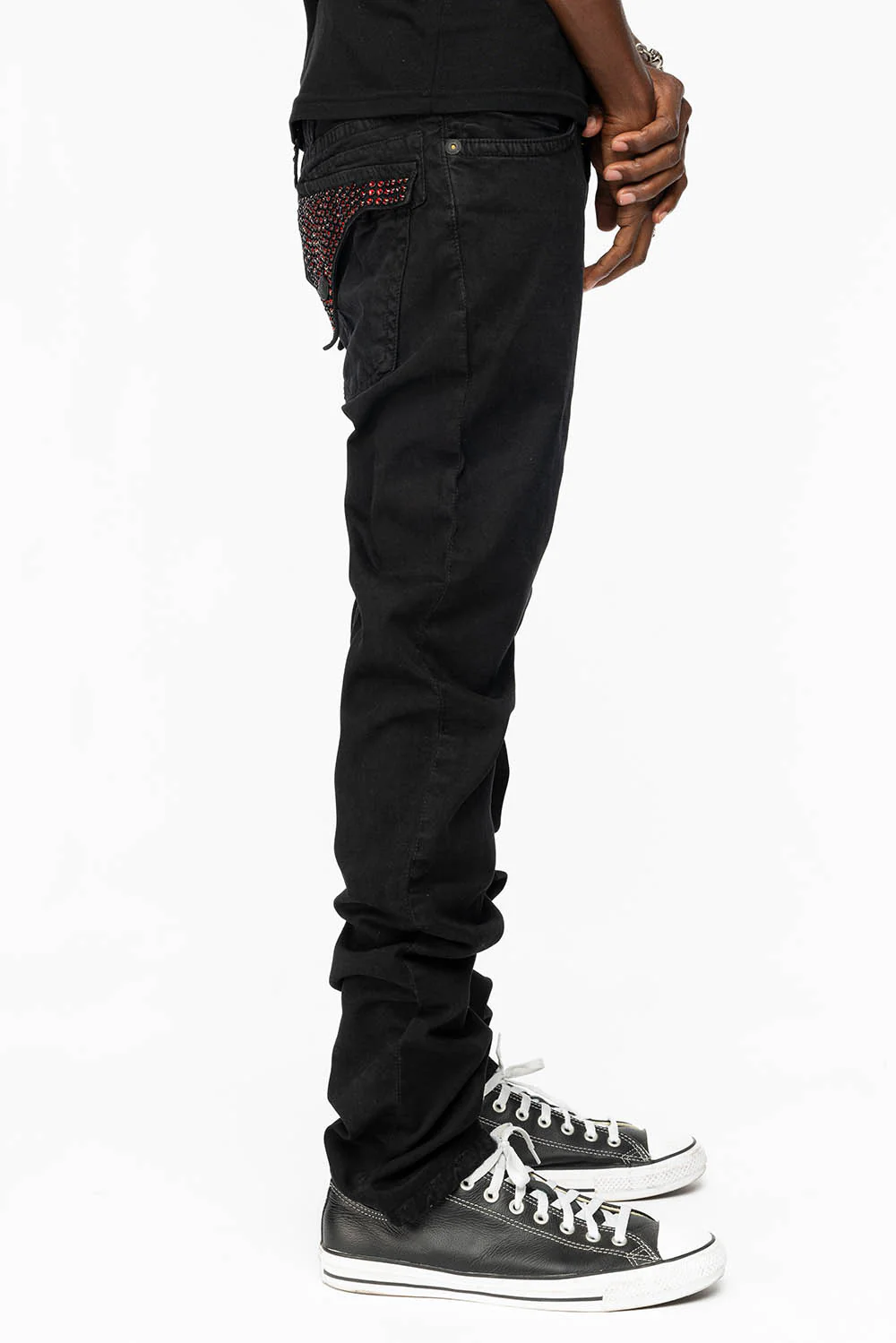LONG FLAP SLIM FIT MENS JEANS WITH RED CRYSTALS  IN ANTIQUE BLACK - Image 6