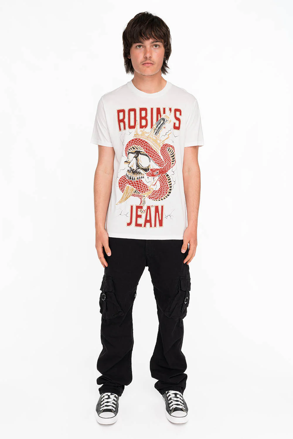 ROBINS SNAKE SKULL GOLD GLITTER TEE IN WHITE - Image 3