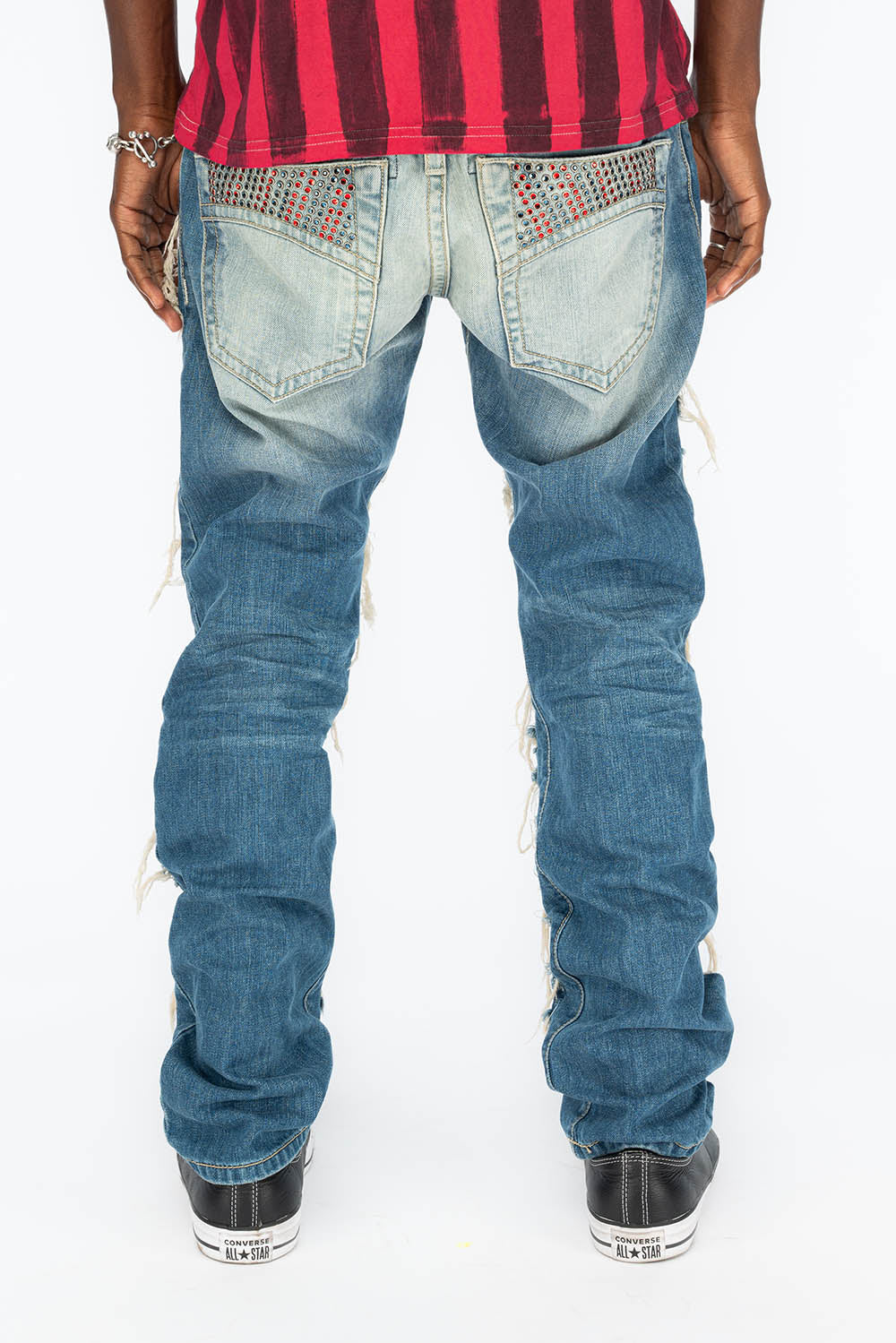 MARLON RIPPED,BROKEN HAND REPAIRED DENIM JEANS IN MANDAN BLUE WITH STUDS AND CRYSTALS - Image 3