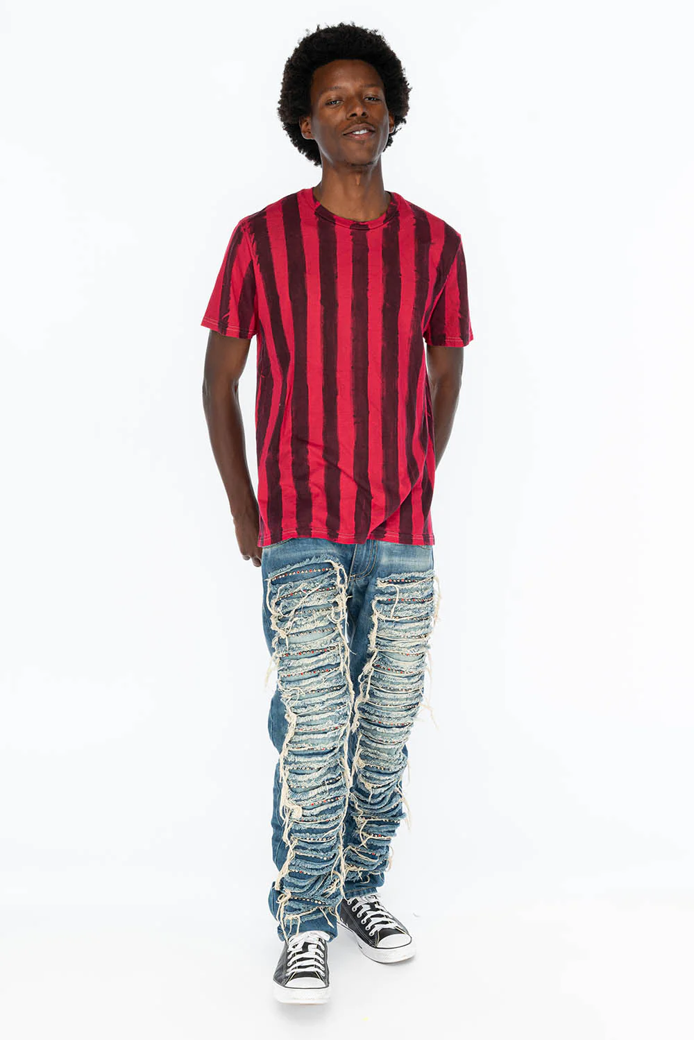 MARLON RIPPED,BROKEN HAND REPAIRED DENIM JEANS IN MANDAN BLUE WITH STUDS AND CRYSTALS - Image 4