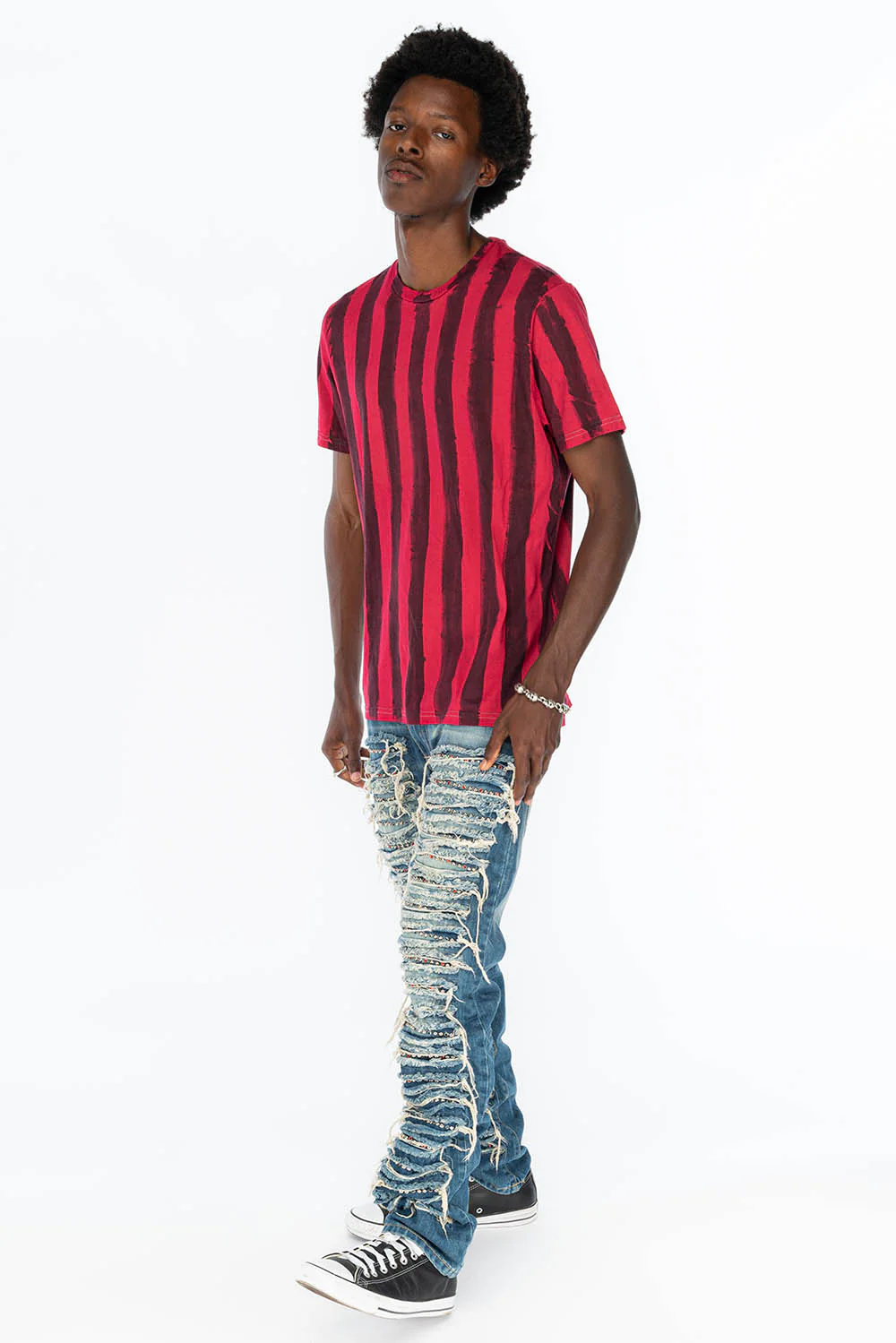 MARLON RIPPED,BROKEN HAND REPAIRED DENIM JEANS IN MANDAN BLUE WITH STUDS AND CRYSTALS - Image 5