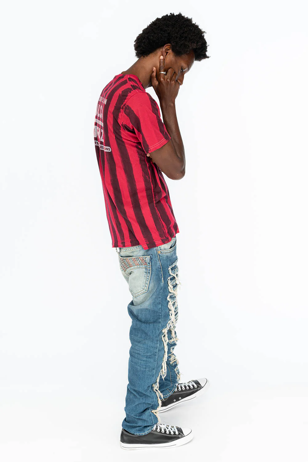 MARLON RIPPED,BROKEN HAND REPAIRED DENIM JEANS IN MANDAN BLUE WITH STUDS AND CRYSTALS - Image 7