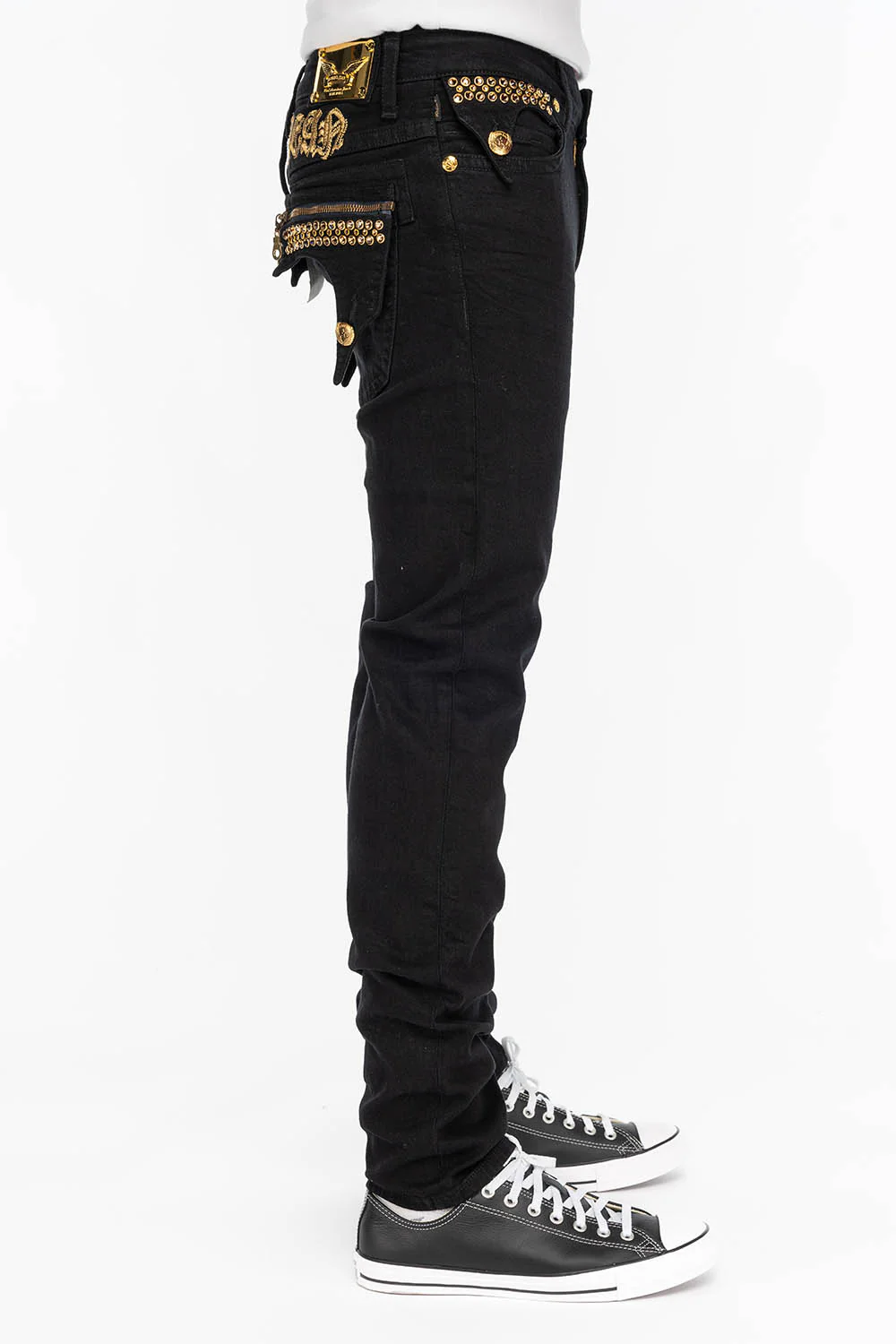 ZIPPER KILLER FLAP MENS SLIM JEANS IN BLACK WITH GOLD CRYSTALS - Image 3