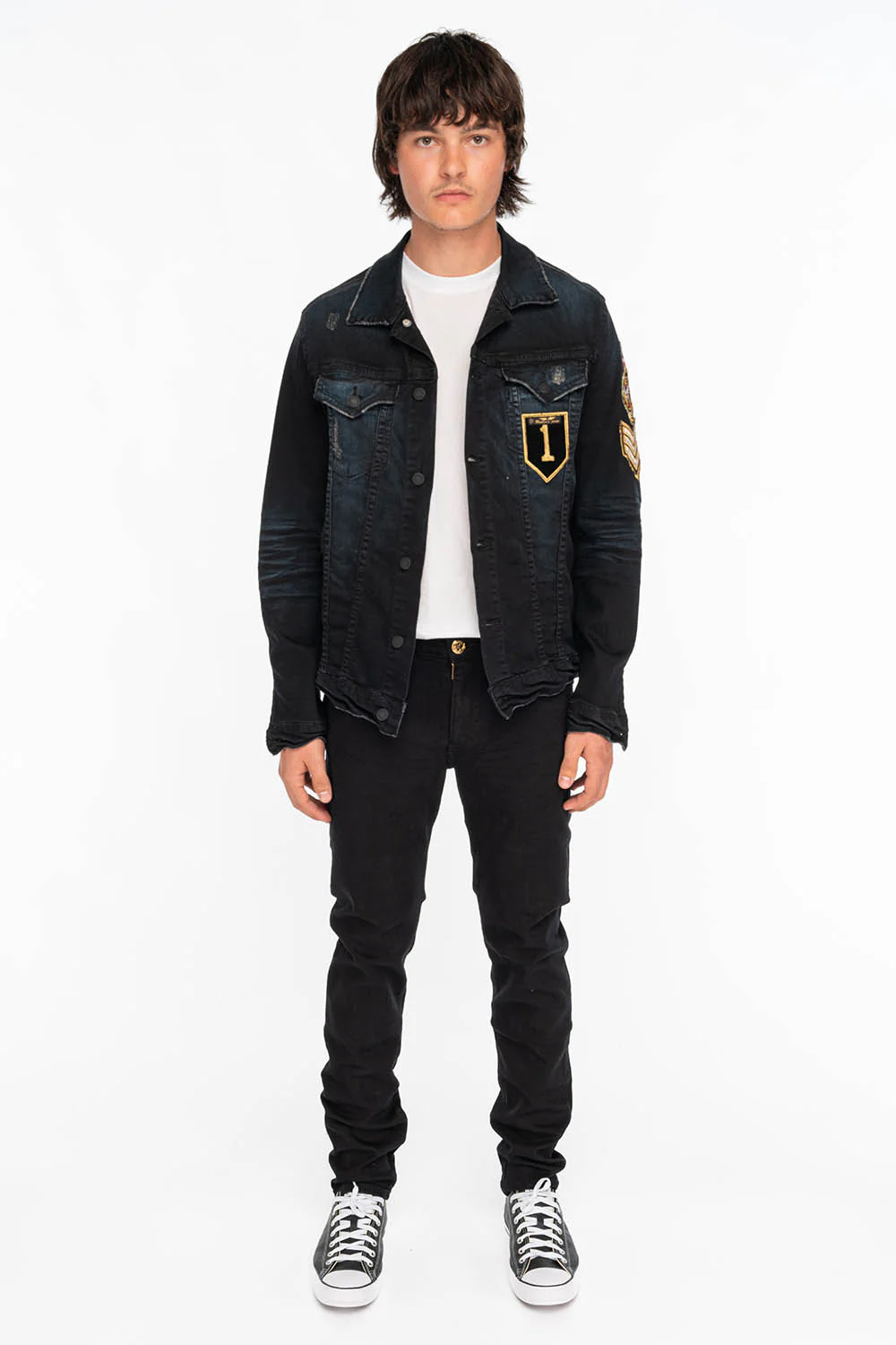 ZIPPER KILLER FLAP MENS SLIM JEANS IN BLACK WITH GOLD CRYSTALS - Image 4