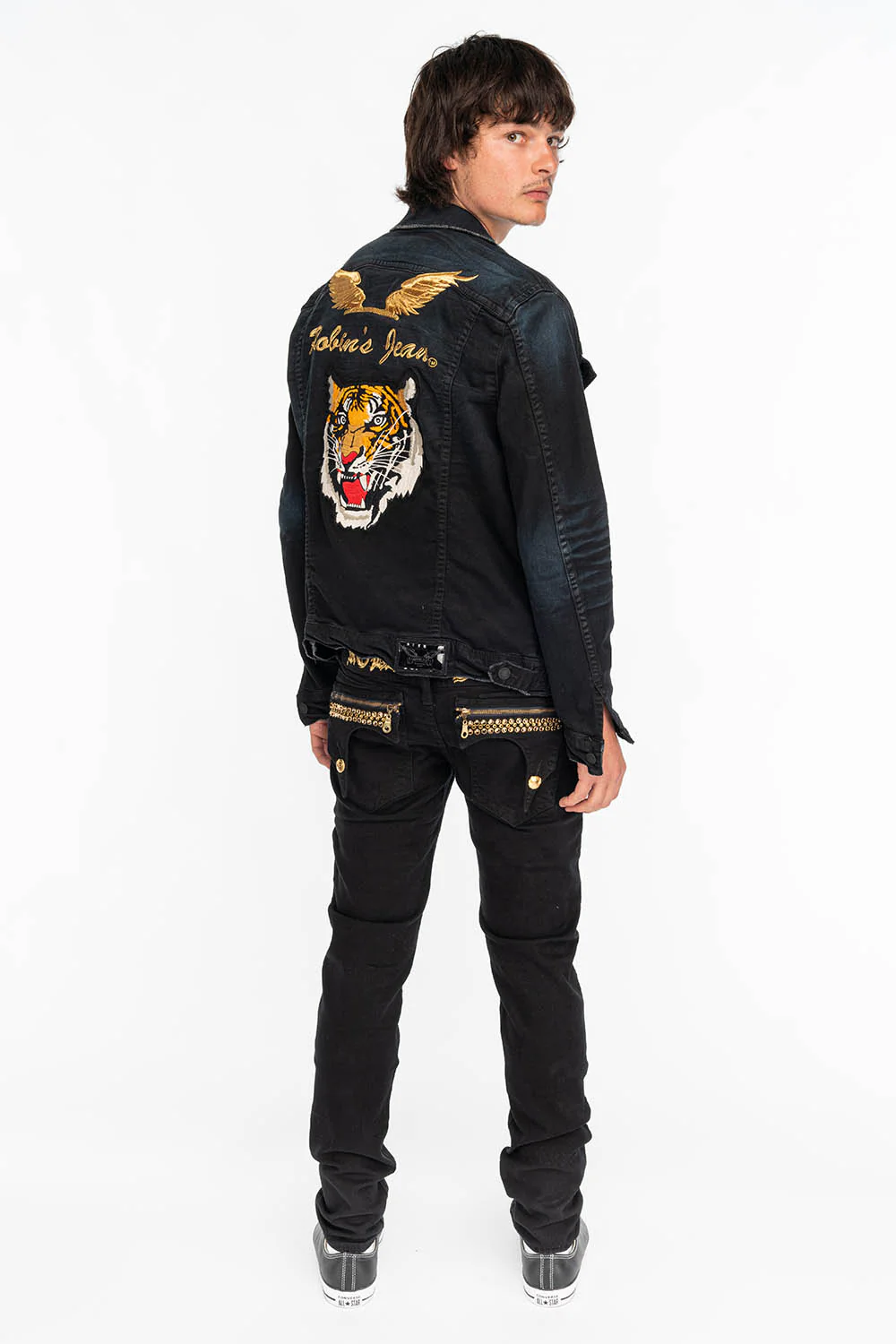 ZIPPER KILLER FLAP MENS SLIM JEANS IN BLACK WITH GOLD CRYSTALS - Image 5
