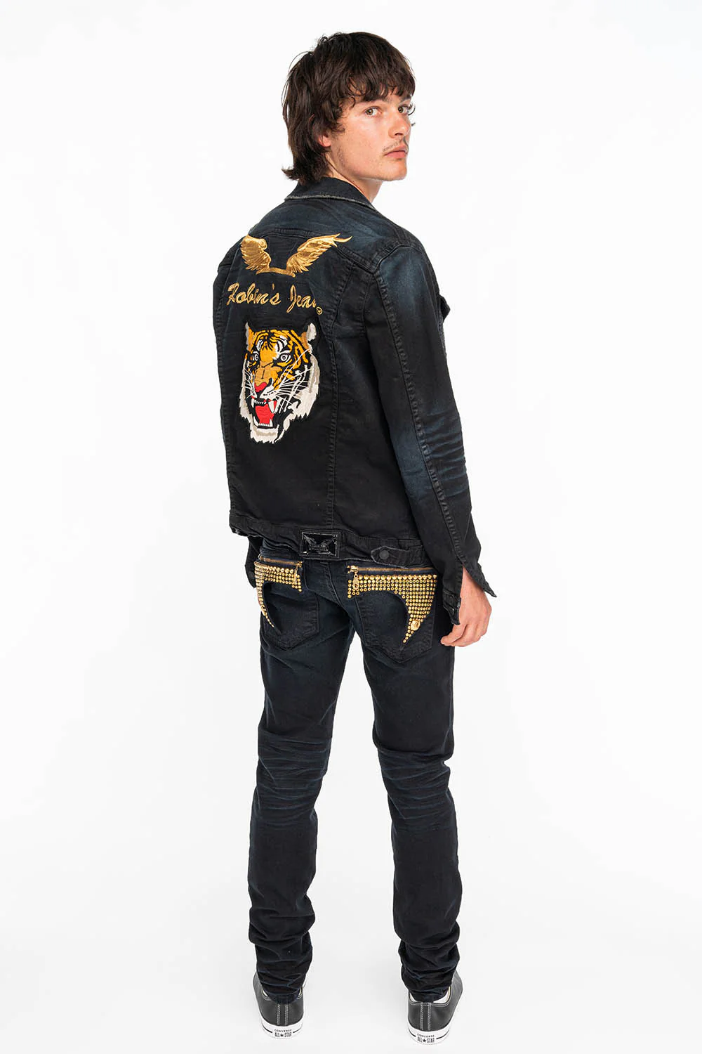 ZIPPER KILLER FLAP MENS JEANS IN F_D UP BLACK WITH STUDS AND CRYSTALS - Image 3