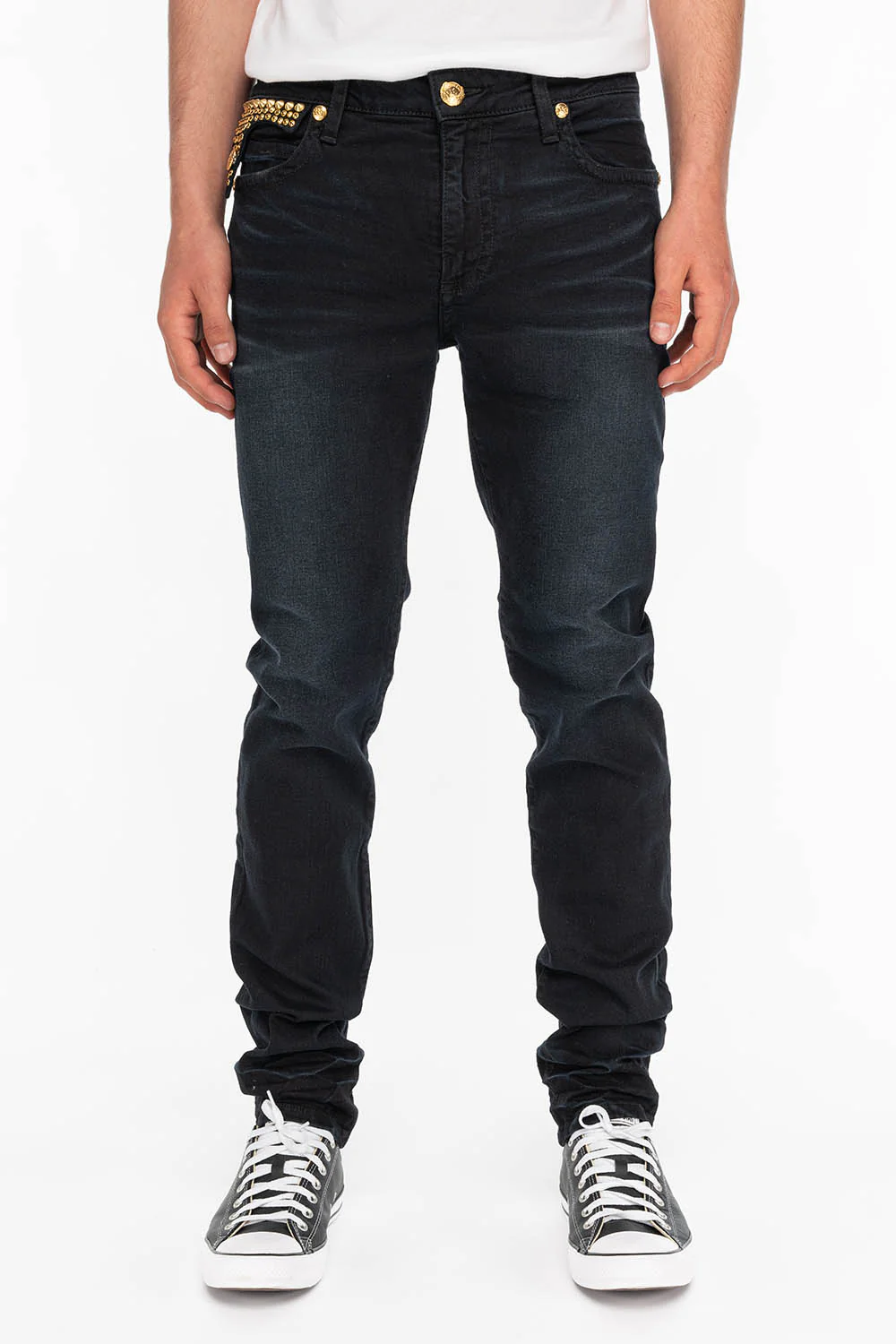 ZIPPER KILLER FLAP MENS JEANS IN F_D UP BLACK WITH STUDS AND CRYSTALS - Image 4