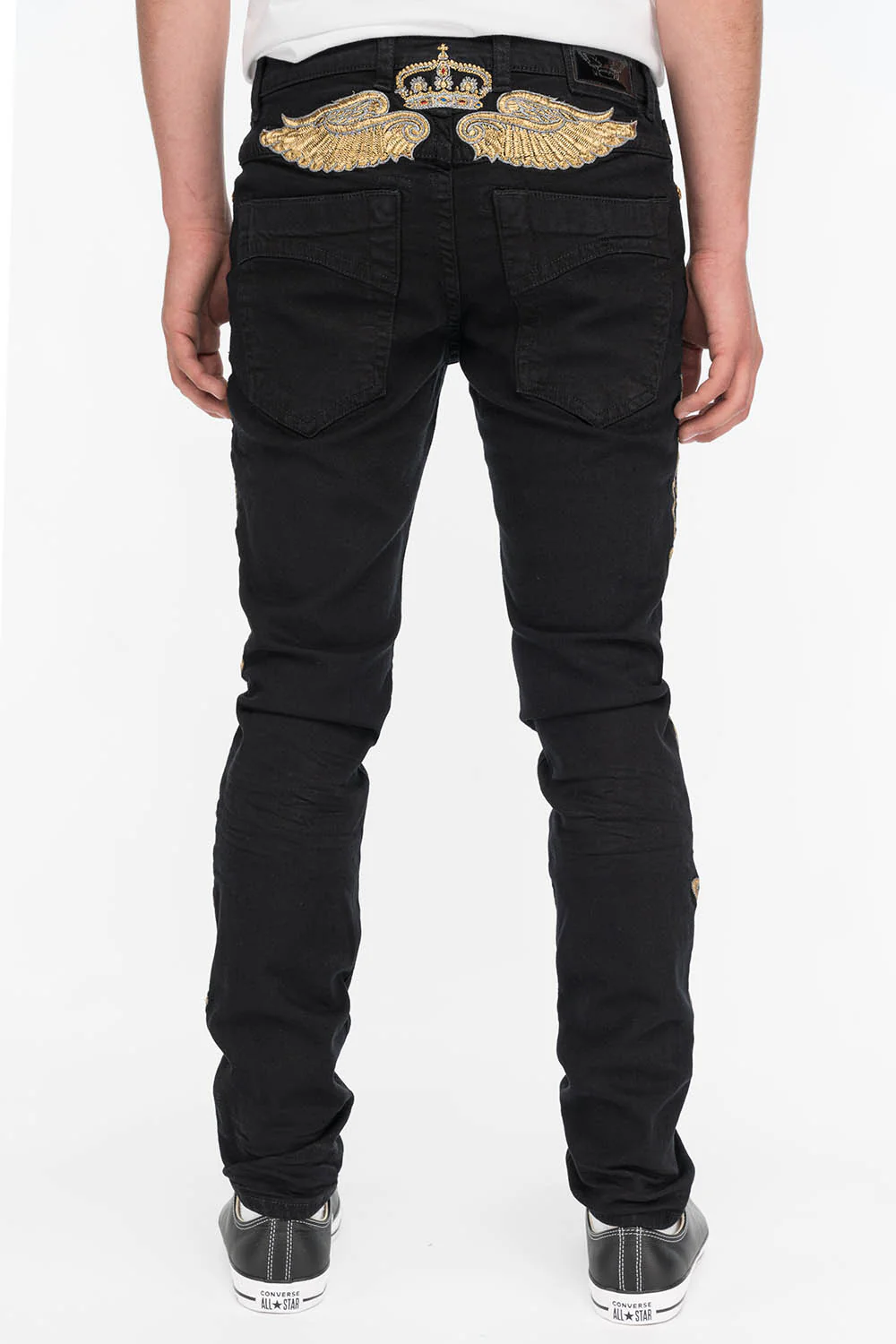 SKINNY MENS JEANS IN PURE BLACK WITH GOLD EMBROIDERY - Image 3