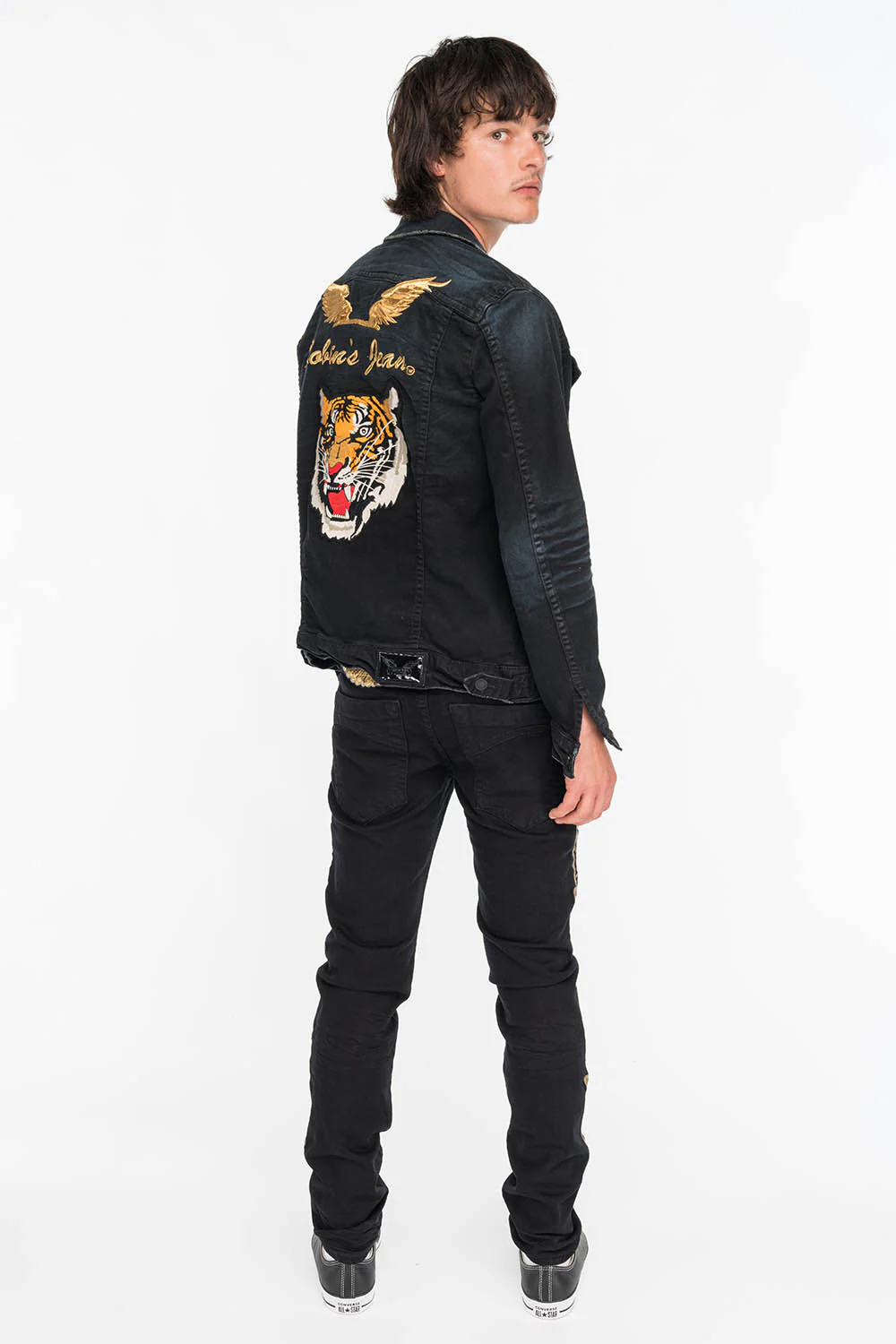 SKINNY MENS JEANS IN PURE BLACK WITH GOLD EMBROIDERY - Image 5