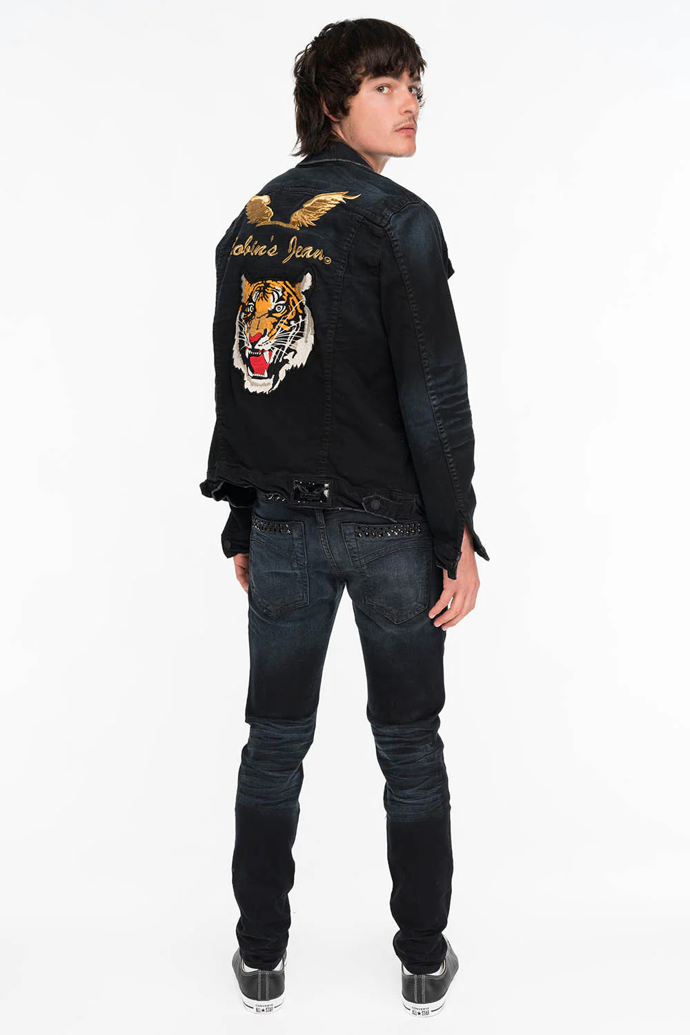 SKINNY MENS JEANS IN F_UP BLACK WITH BLACK CRYSTALS - Image 3