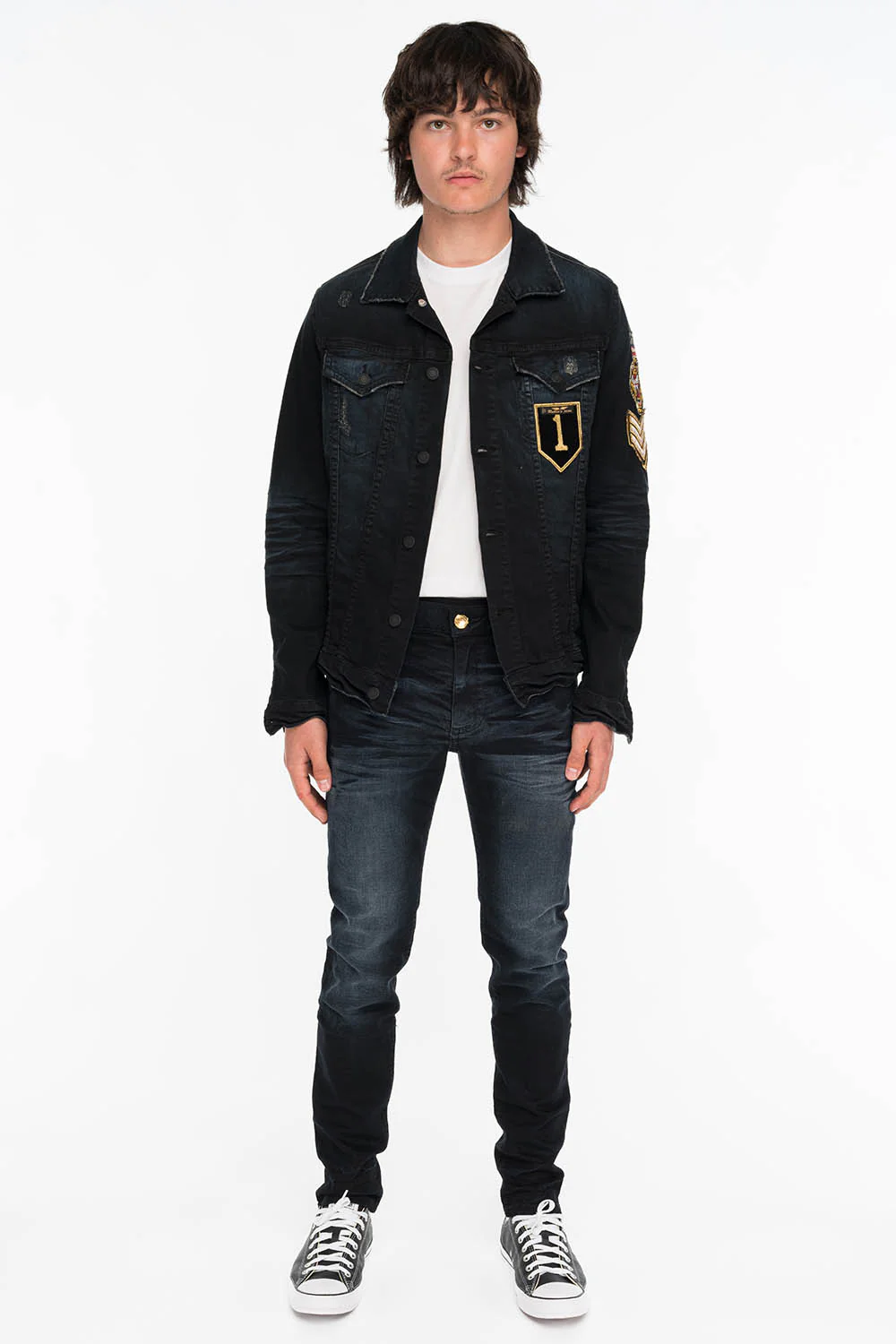 SKINNY MENS JEANS IN F_UP BLACK WITH BLACK CRYSTALS - Image 4