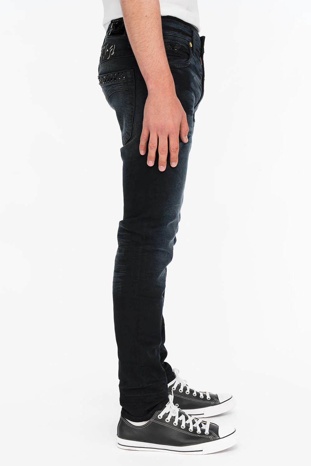 SKINNY MENS JEANS IN F_UP BLACK WITH BLACK CRYSTALS - Image 5