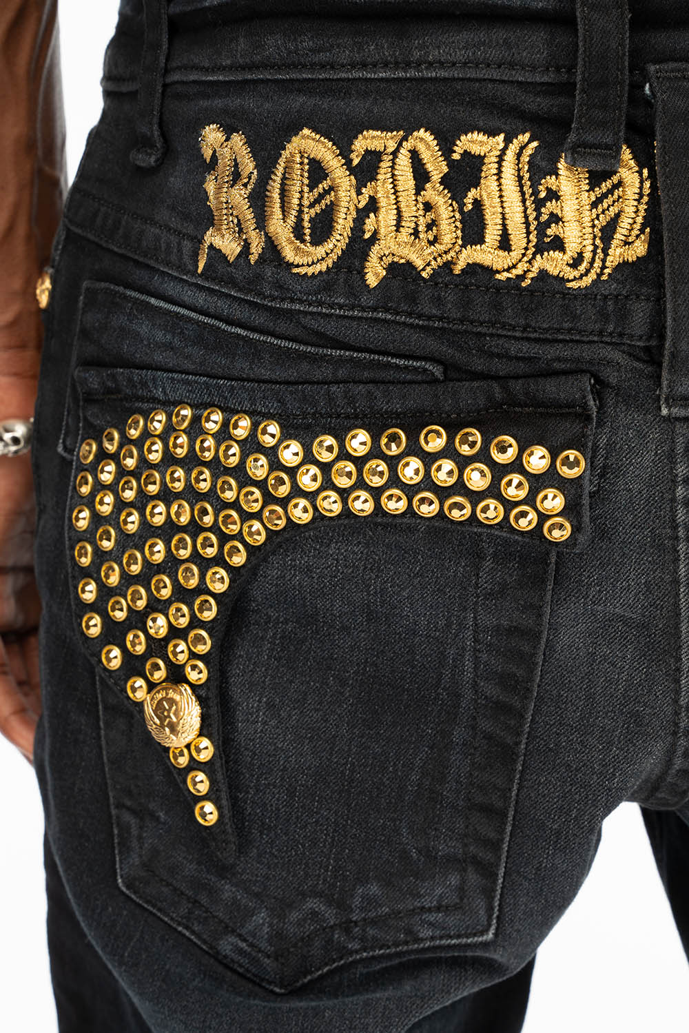 KILLER FLAP SKINNY MENS JEANS IN F_UP BLACK WITH FULL GOLD CRYSTALS - Image 3