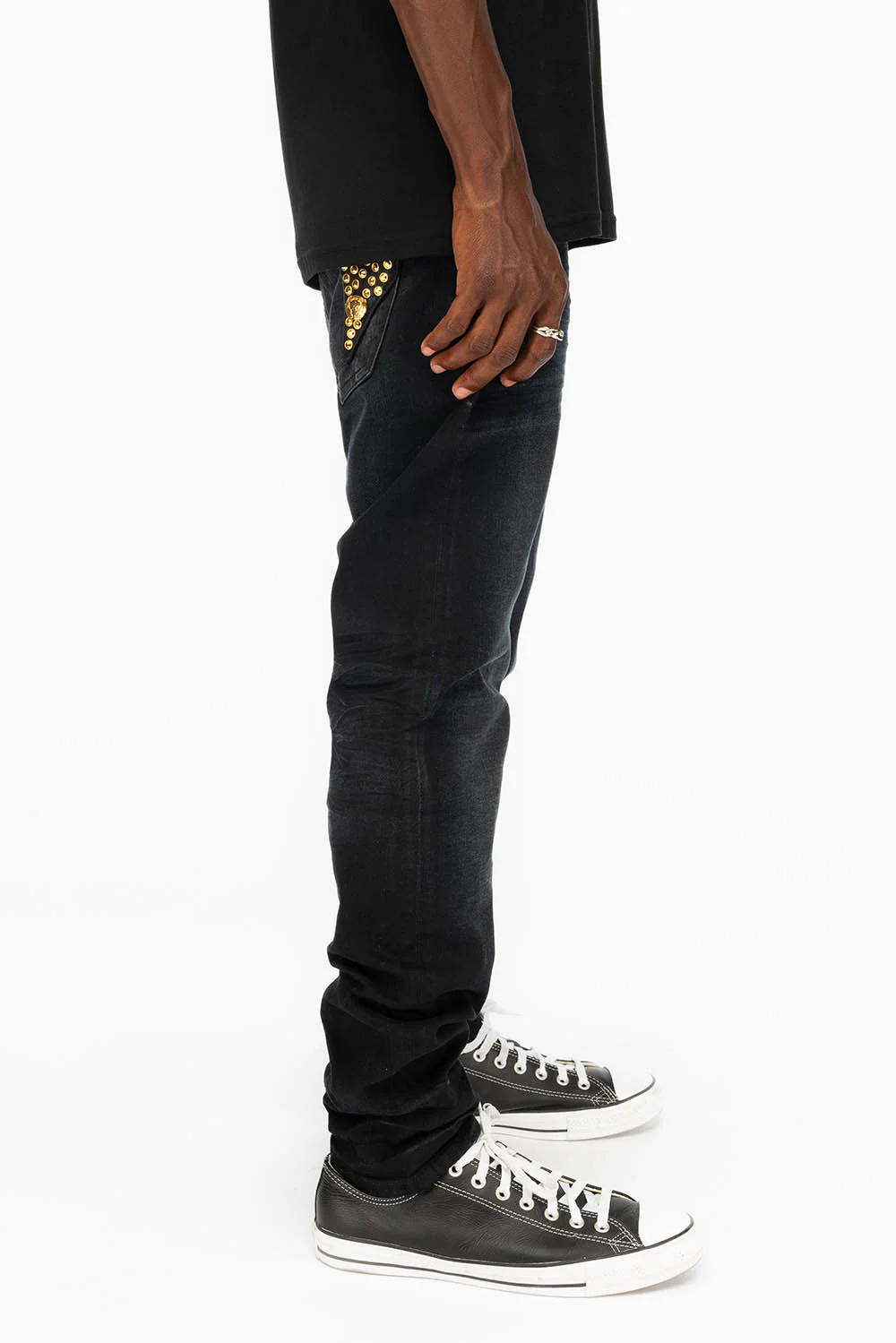 KILLER FLAP SKINNY MENS JEANS IN F_UP BLACK WITH FULL GOLD CRYSTALS - Image 4