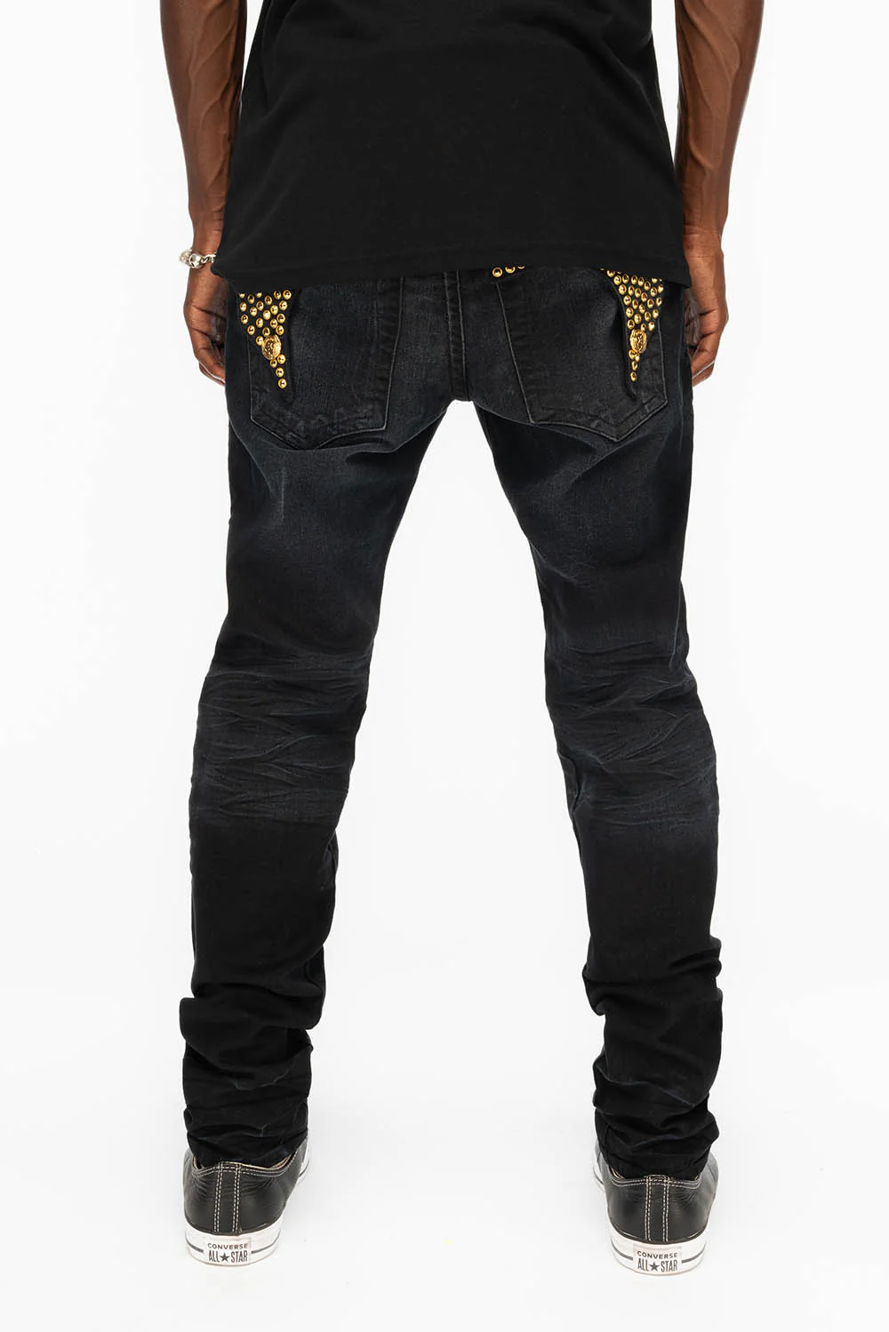 KILLER FLAP SKINNY MENS JEANS IN F_UP BLACK WITH FULL GOLD CRYSTALS - Image 5