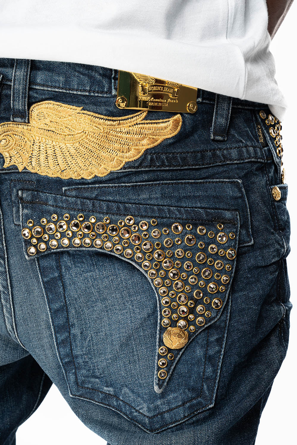 KILLER FLAP MENS SKINNY JEANS IN DARK BLUE WITH GOLD WINGS AND FULL CRYSTAL - Image 3