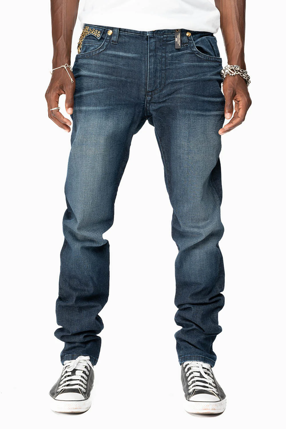 KILLER FLAP MENS SKINNY JEANS IN DARK BLUE WITH GOLD WINGS AND FULL CRYSTAL - Image 4