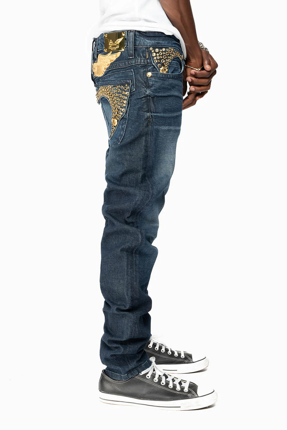 KILLER FLAP MENS SKINNY JEANS IN DARK BLUE WITH GOLD WINGS AND FULL CRYSTAL - Image 5