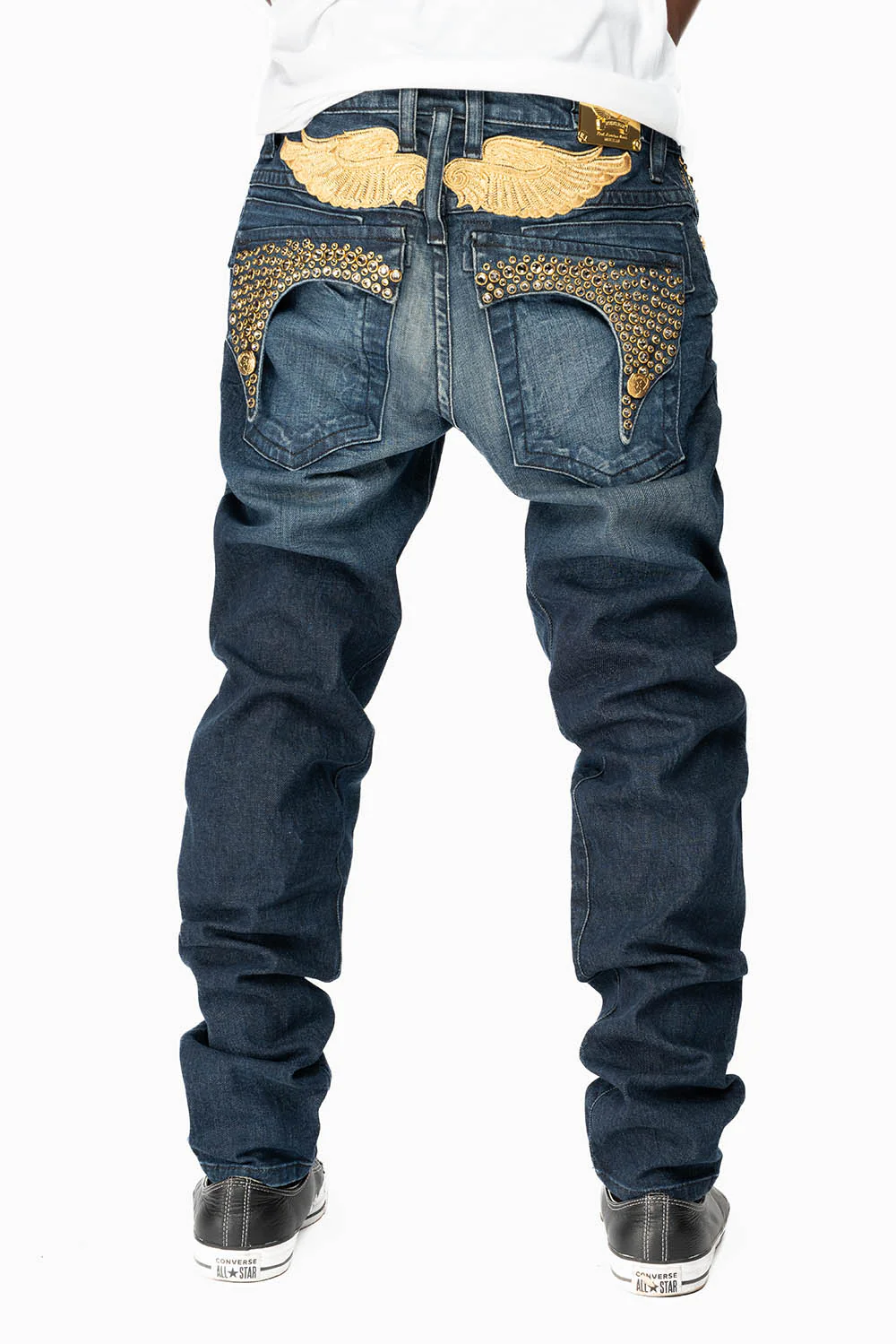 KILLER FLAP MENS SKINNY JEANS IN DARK BLUE WITH GOLD WINGS AND FULL CRYSTAL - Image 6