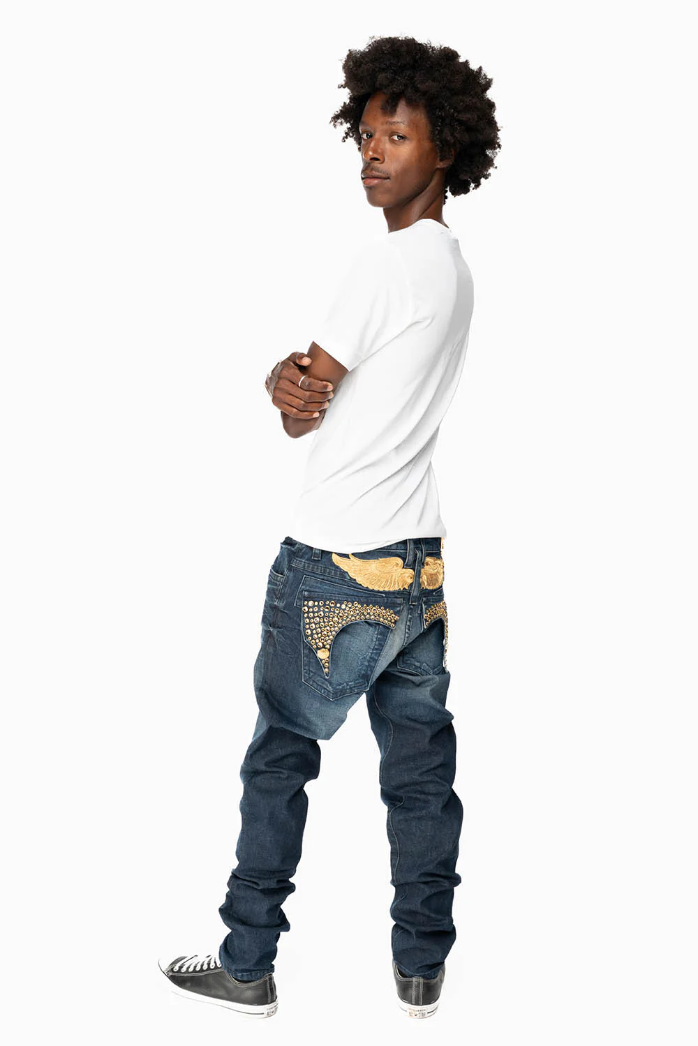 KILLER FLAP MENS SKINNY JEANS IN DARK BLUE WITH GOLD WINGS AND FULL CRYSTAL - Image 7