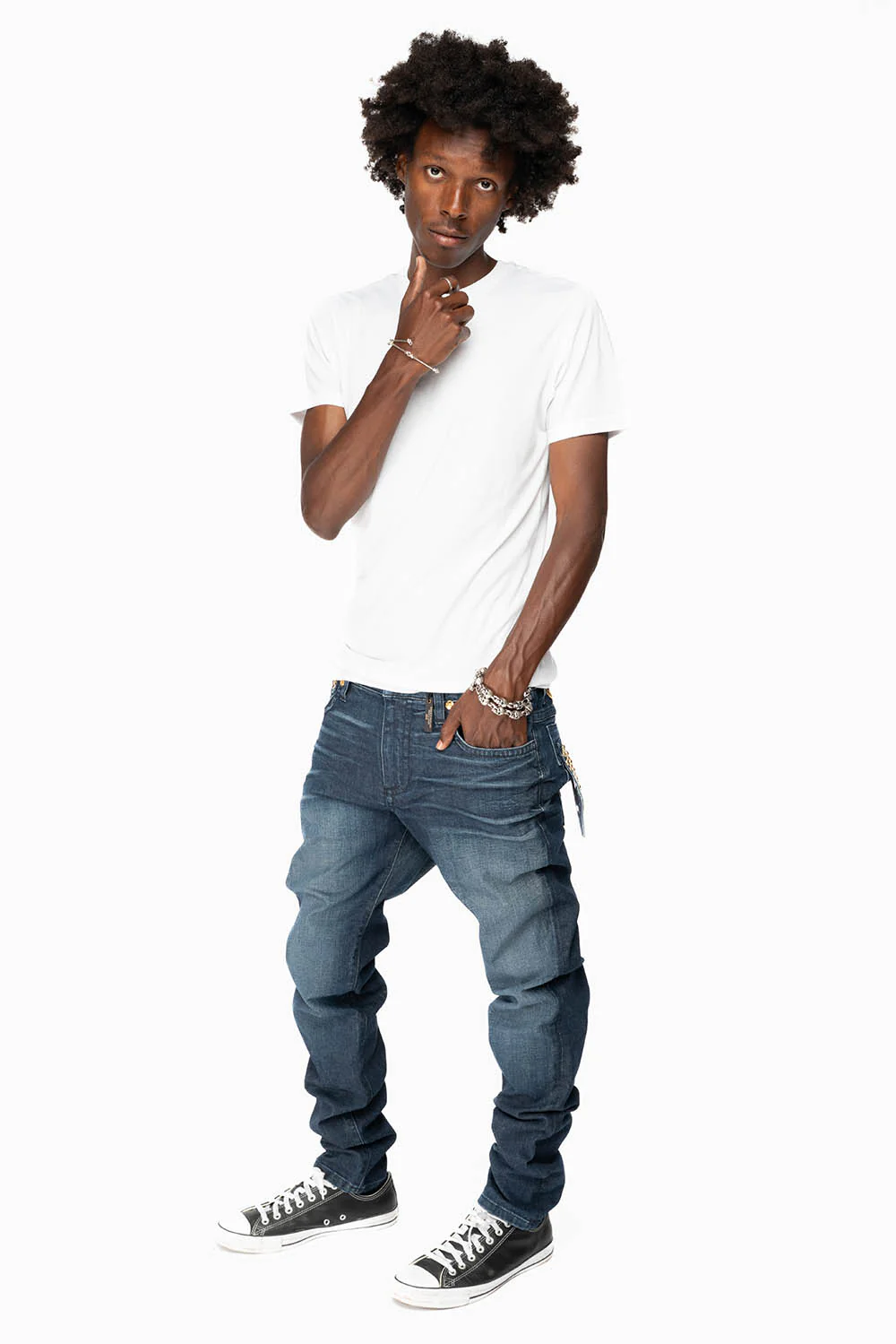 KILLER FLAP MENS SKINNY JEANS IN DARK BLUE WITH GOLD WINGS AND FULL CRYSTAL - Image 8