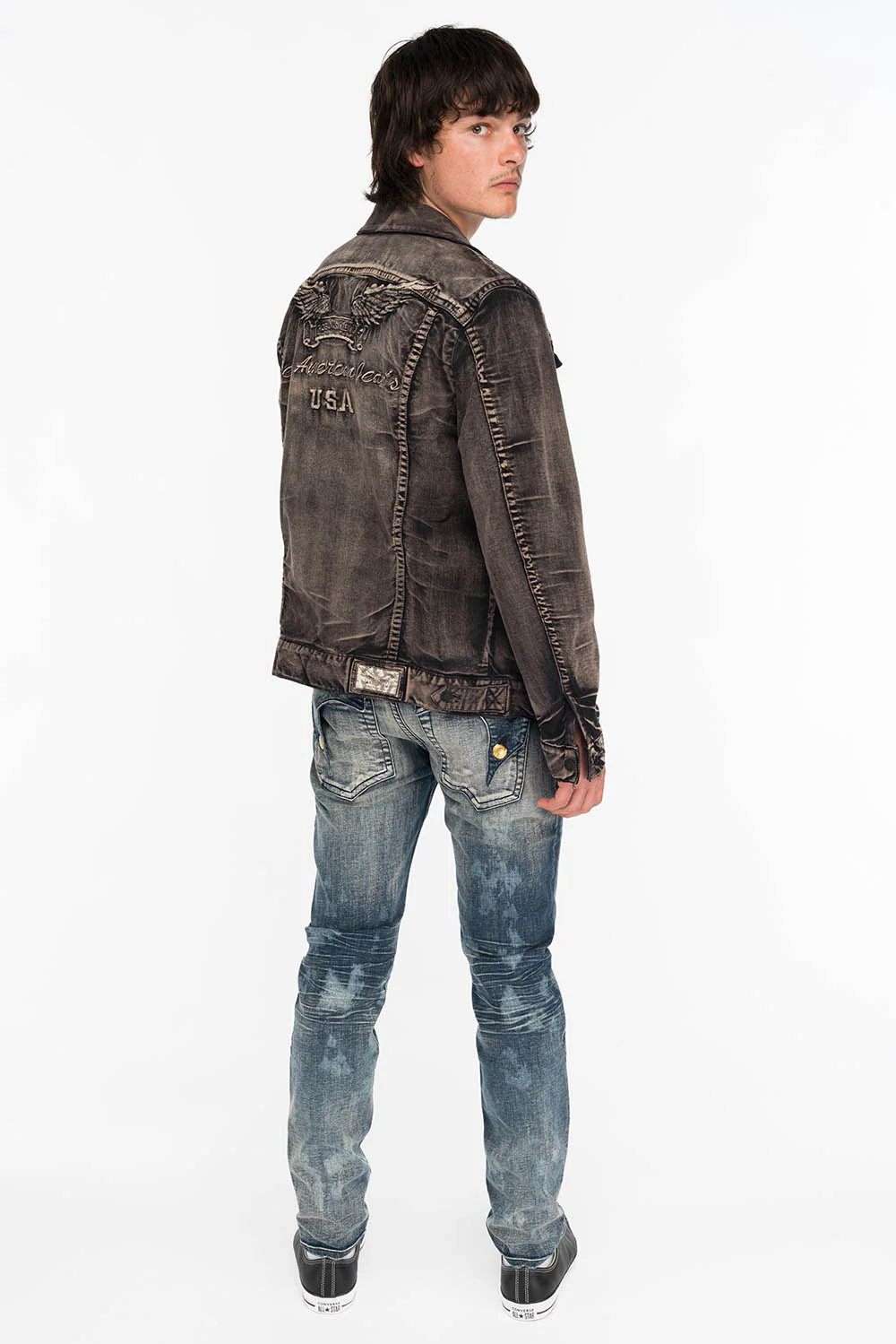 KILLER FLAP MENS SKINNY JEANS IN NEW JAPAN MEDIUM DARK WITH GOLD WINGS - Image 5