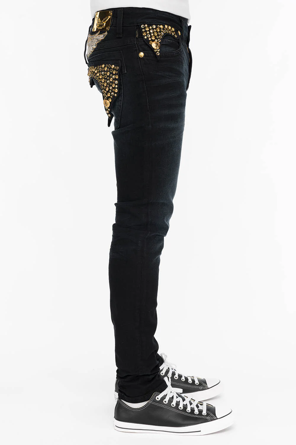 KILLER FLAP MENS SKINNY JEANS IN F_UP WITH CRYSTAL AND SPIKE STUDDING - Image 3