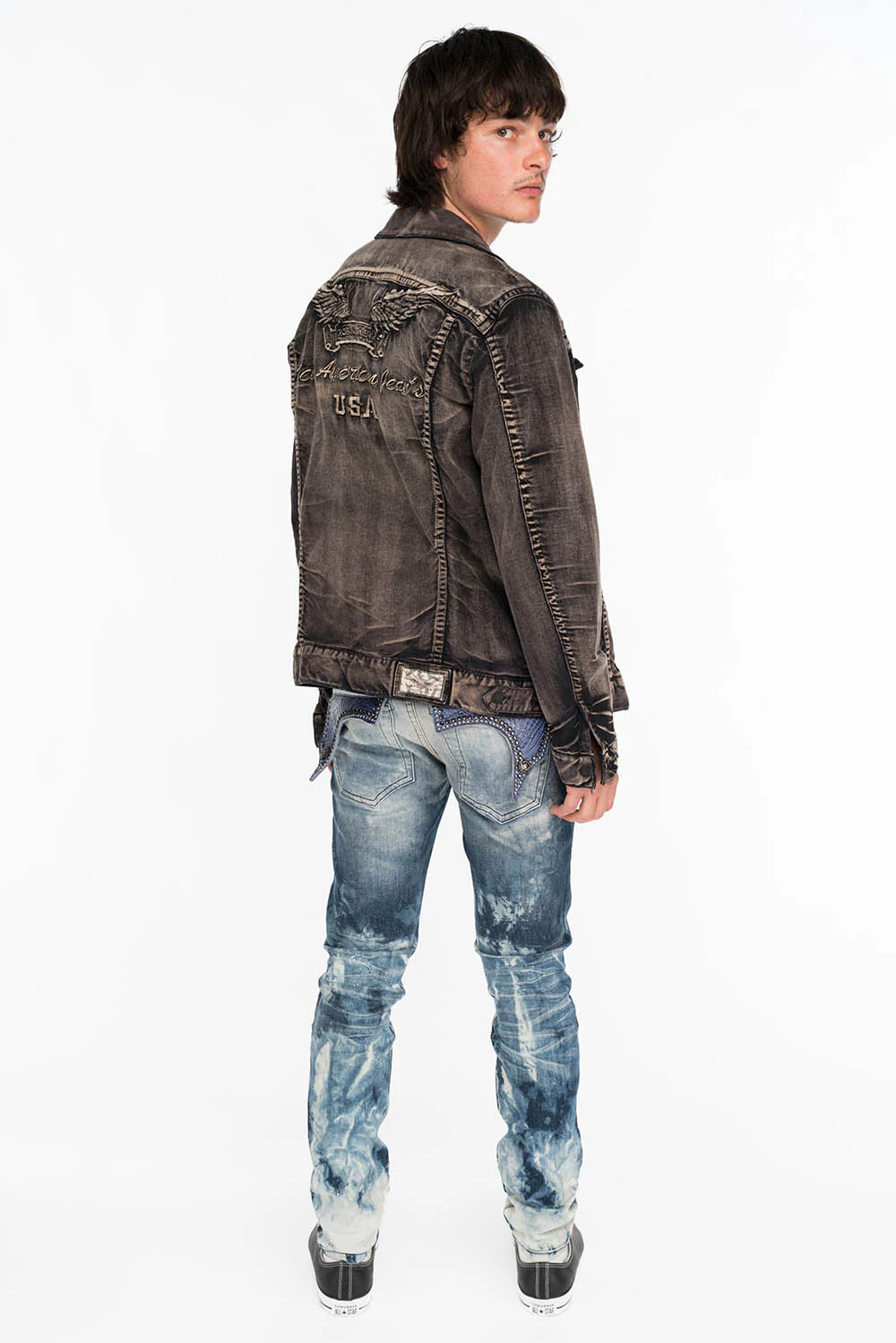 KILLER FLAP MENS SKINNY JEANS IN CLOUD JAPAN WITH INDIGO CROCODILE FLAPS - Image 5
