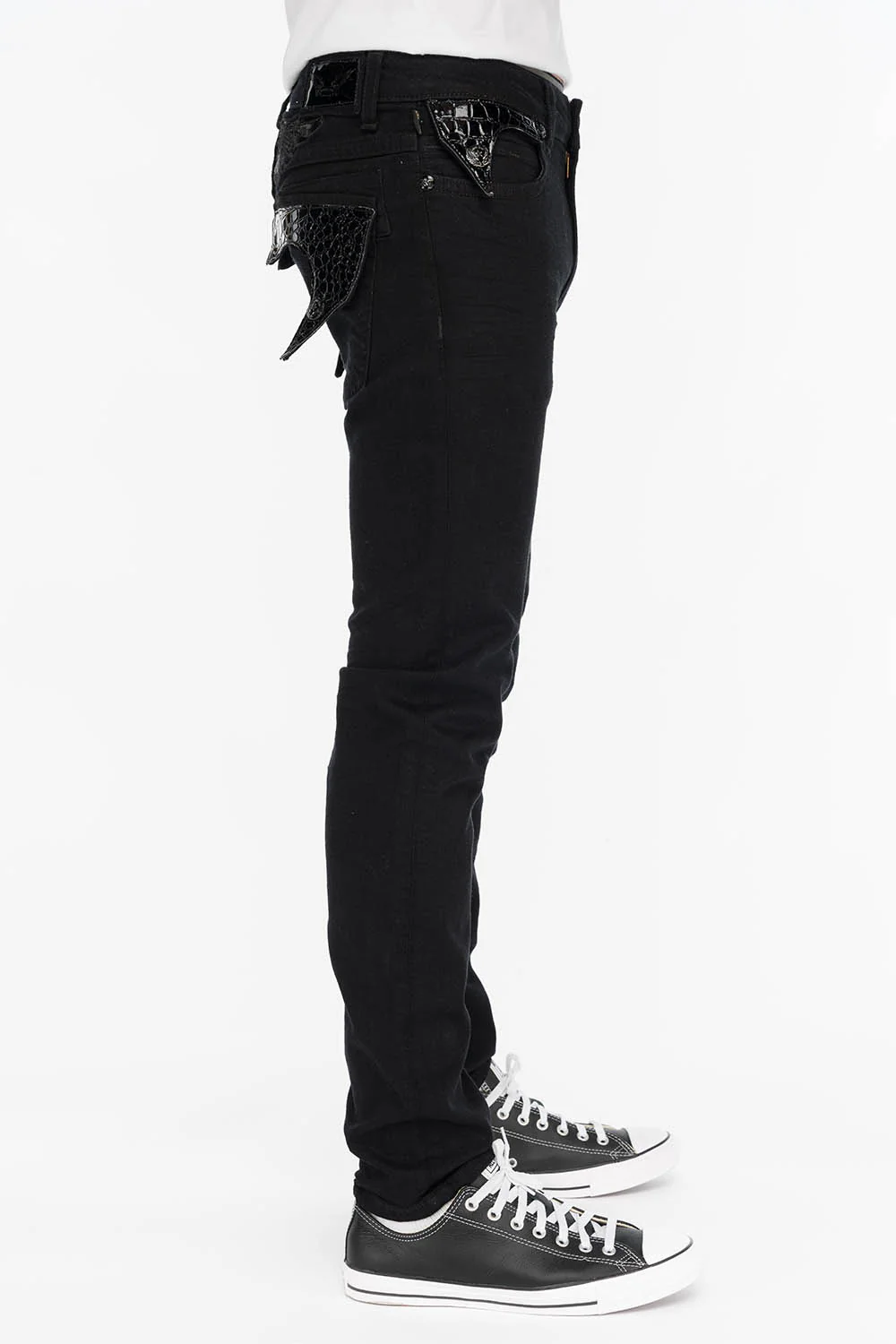 MENS LONG FLAP SKINNY JEANS IN PURE BLACK LEATHER FLAP - Image 3