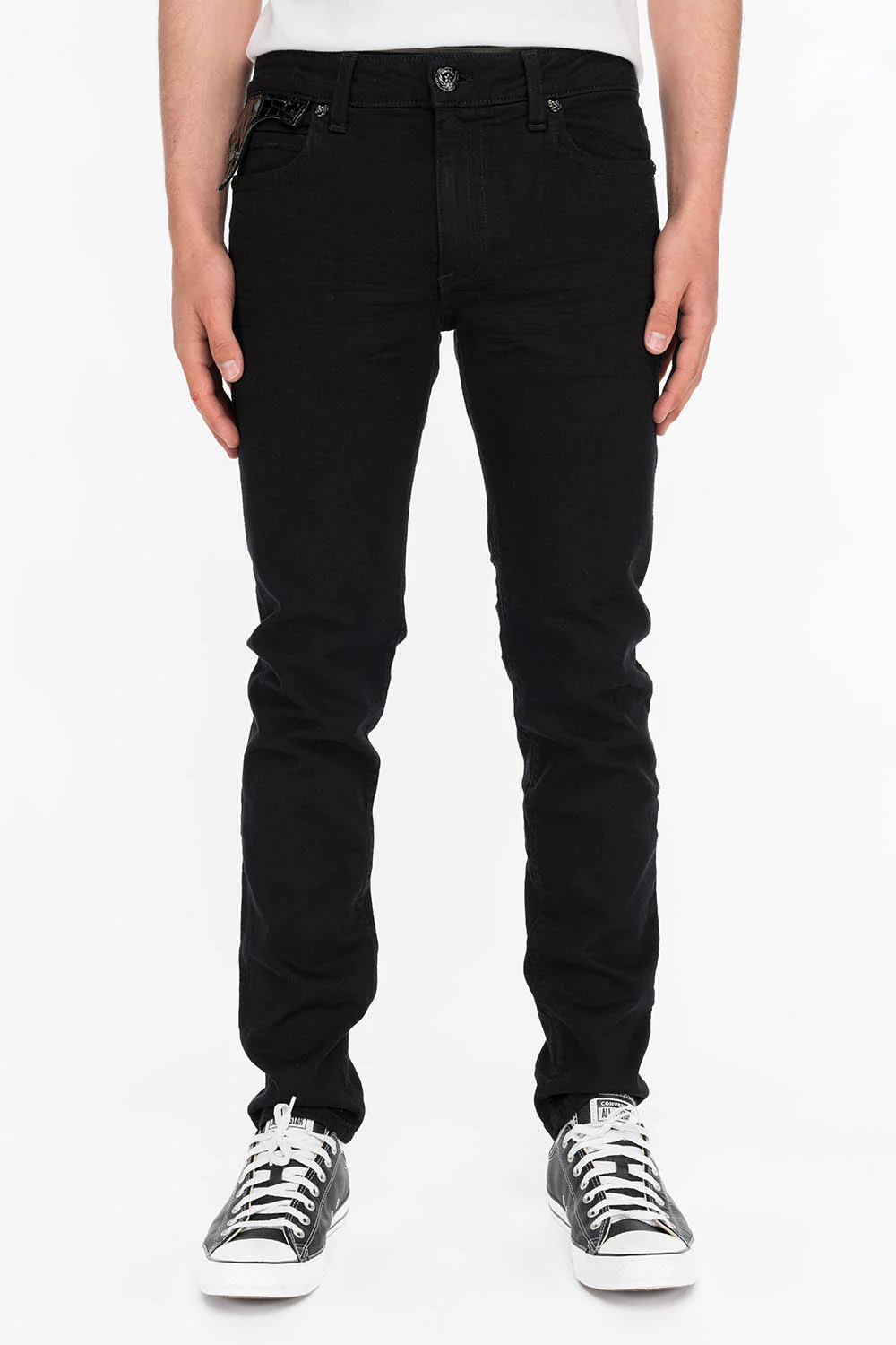 MENS LONG FLAP SKINNY JEANS IN PURE BLACK LEATHER FLAP - Image 4